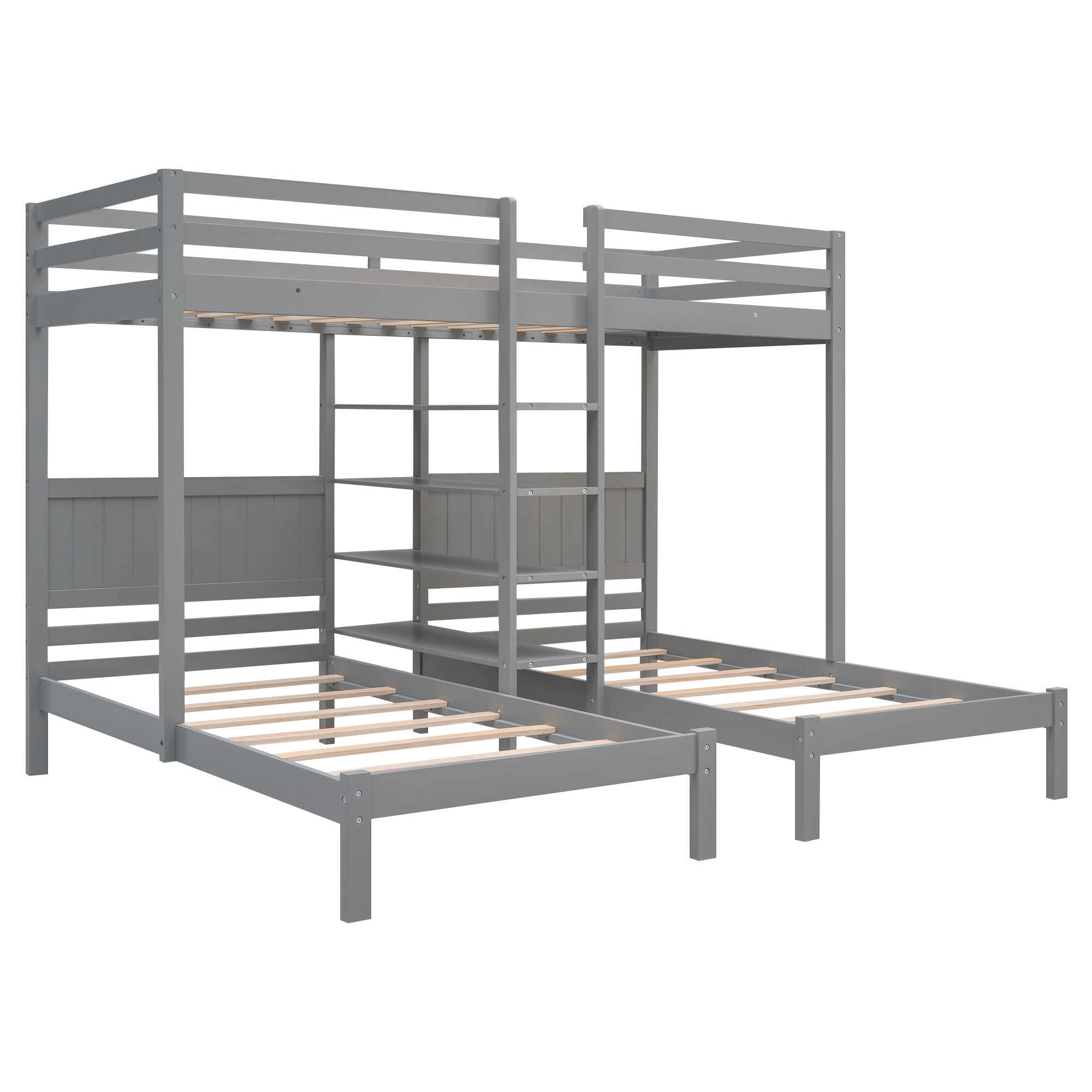 Twin XL over Twin&Twin Bunk Bed with Built-in Four Shelves and Ladder,Gray