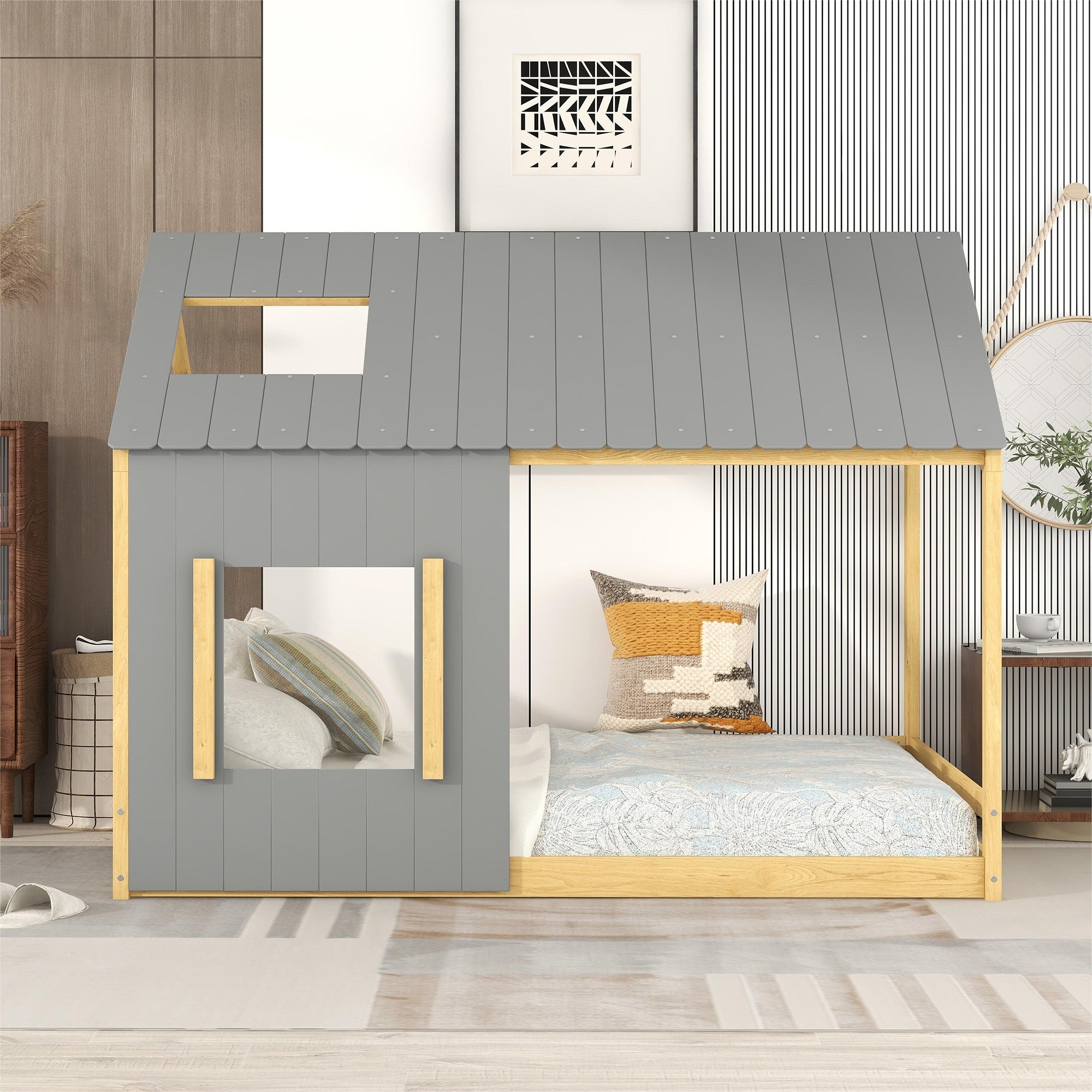 Full Size House Bed with Roof and Window - Gray+Natural