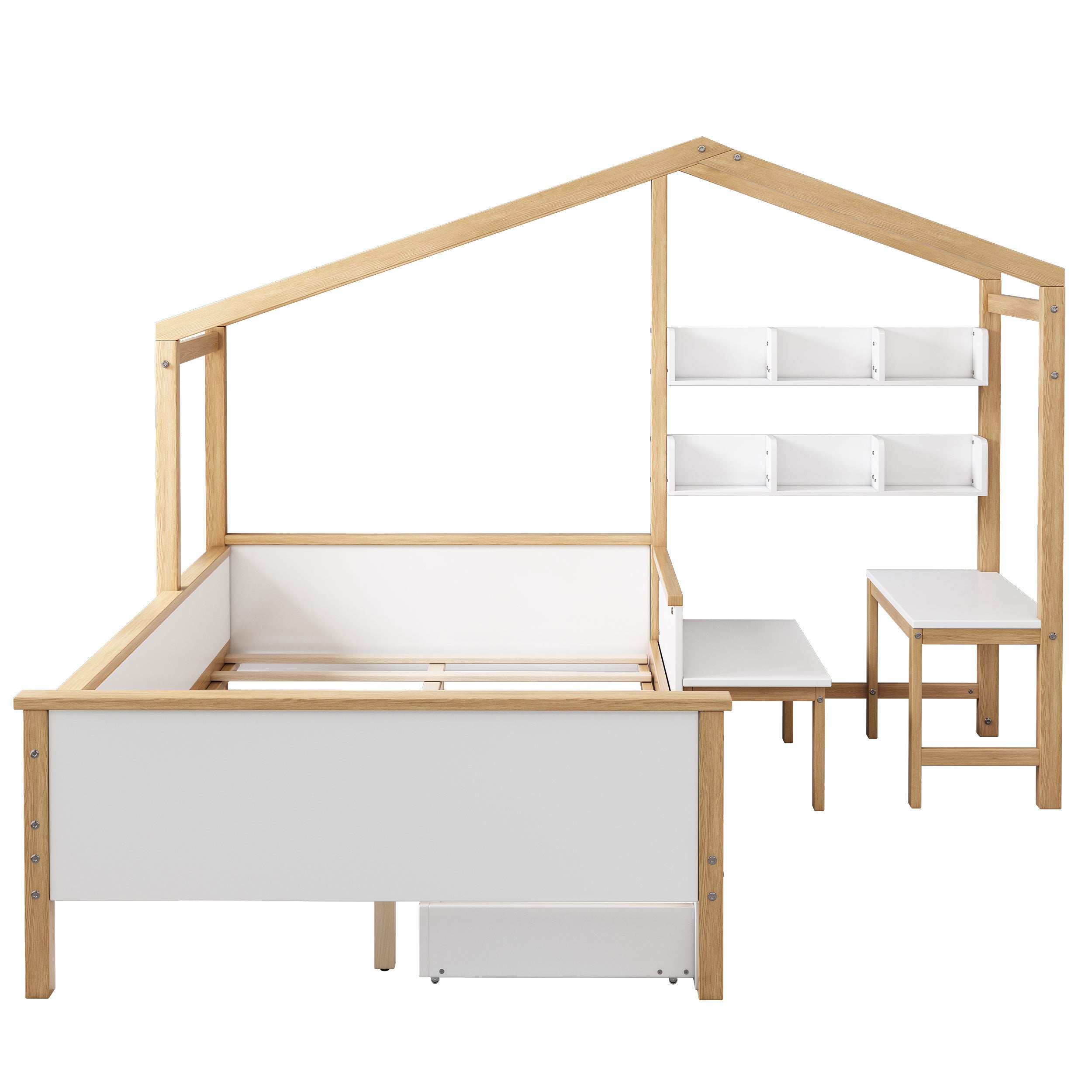 Full Size Wooden House Bed White and Original Wood Colored Frame with Drawer, Desk and Bookshelf for Children or Guest Room