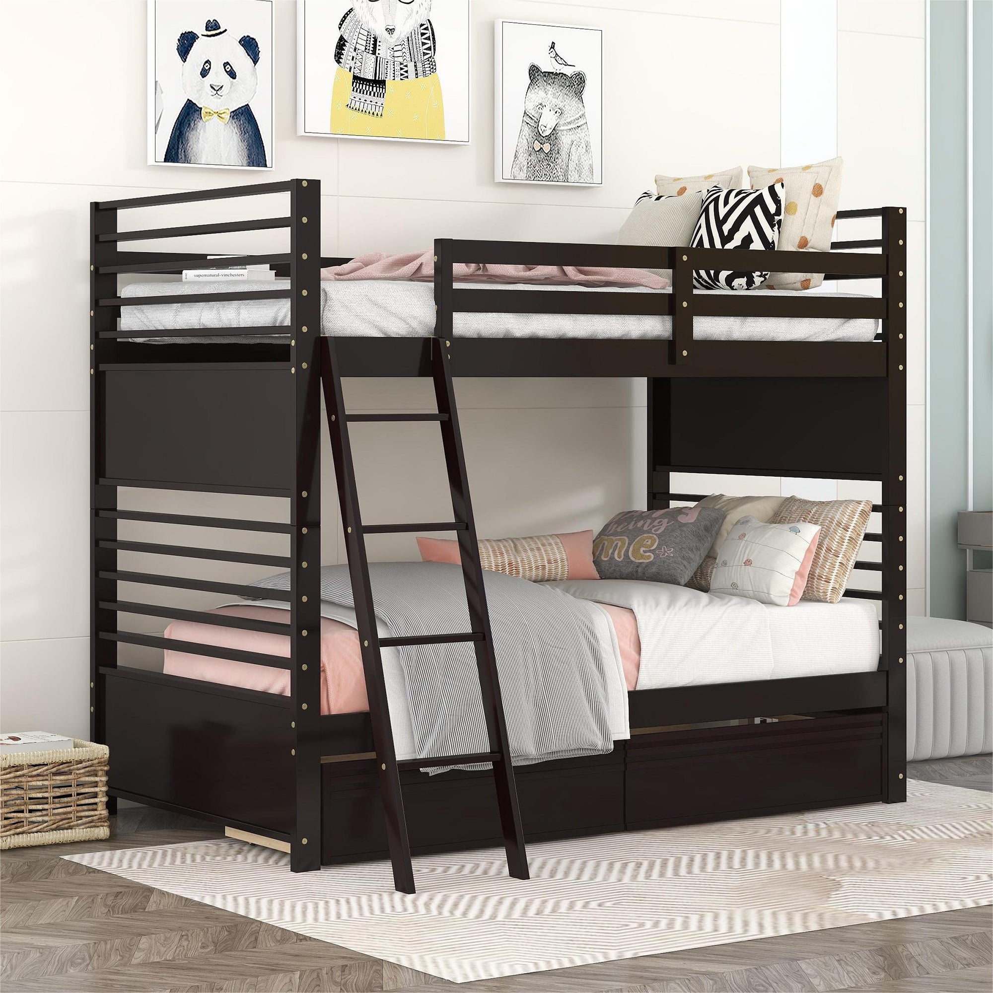 Twin over Twin Wood Bunk Bed with Two Drawers - Espresso·