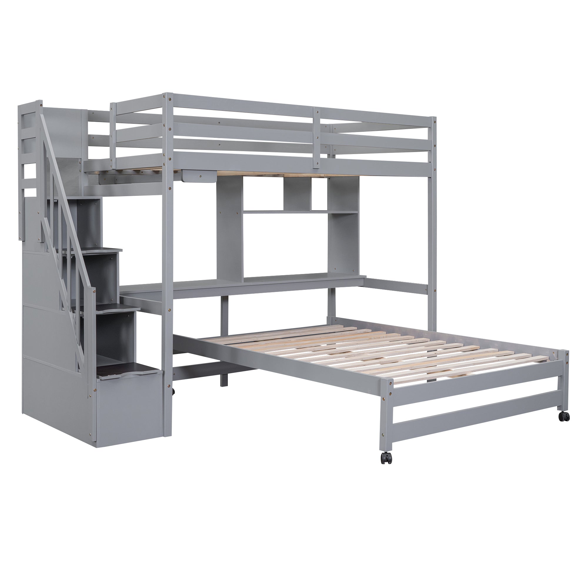 Twin over Full Bunk Bed with Storage Staircase, Desk, Shelves and Hanger for Clothes, Gray