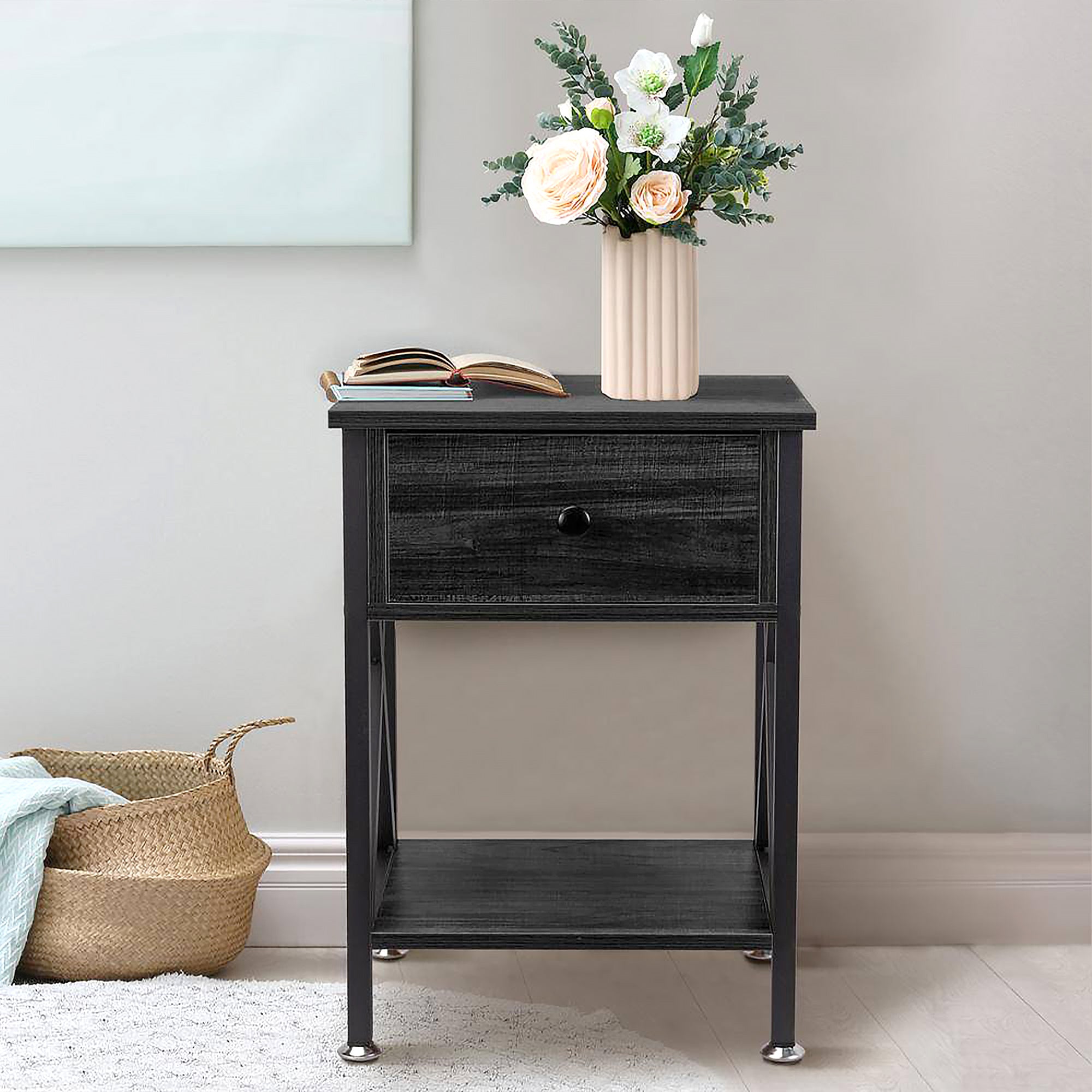 Nightstand with Drawer and Open Storage Shelves, Bedside End Table for Bedroom Living Room, Black