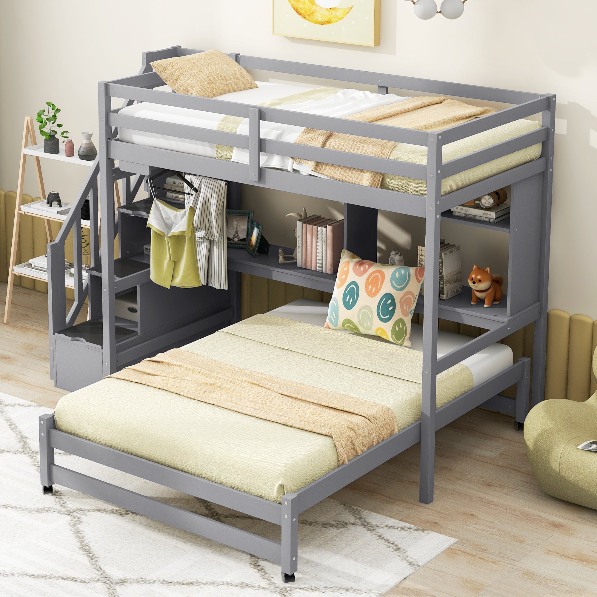 Twin over Full Bunk Bed with Storage Staircase, Desk, Shelves and Hanger for Clothes, Gray