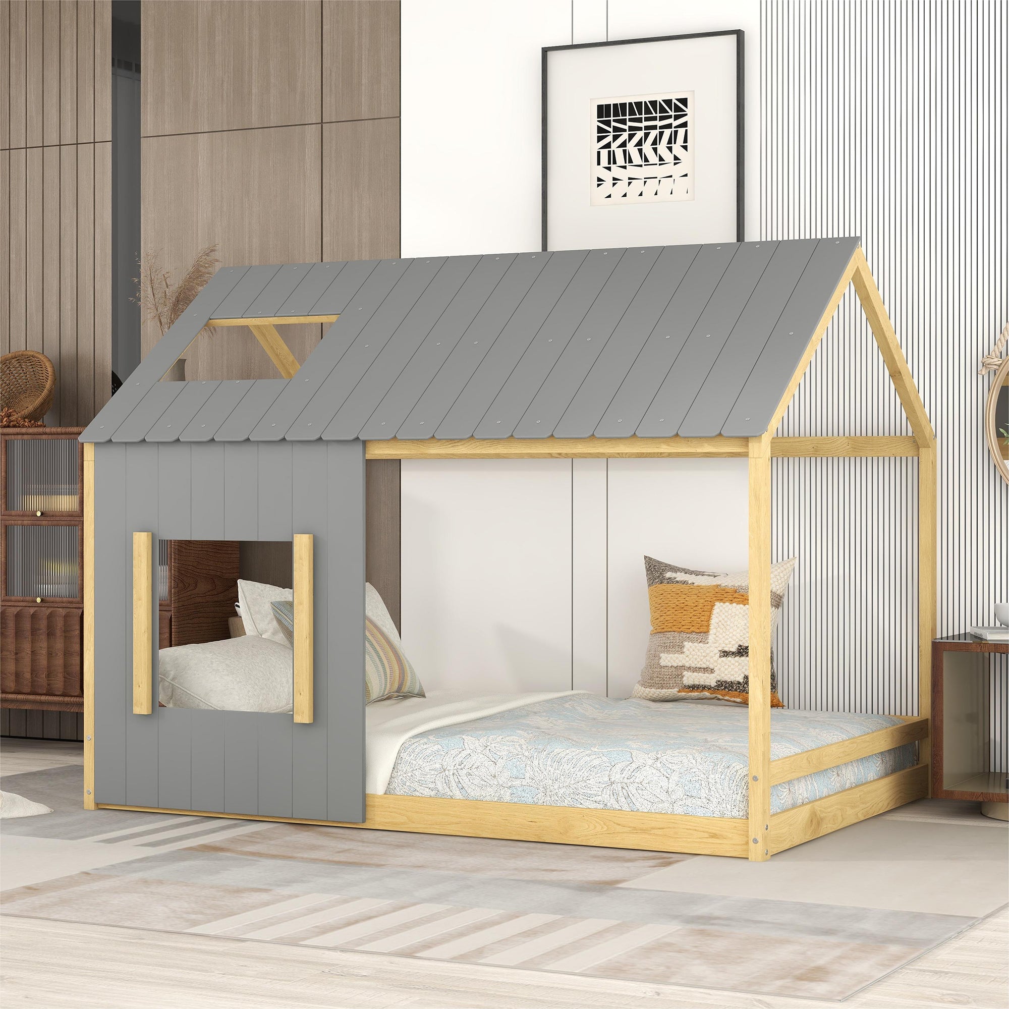 Full Size House Bed with Roof and Window - Gray+Natural