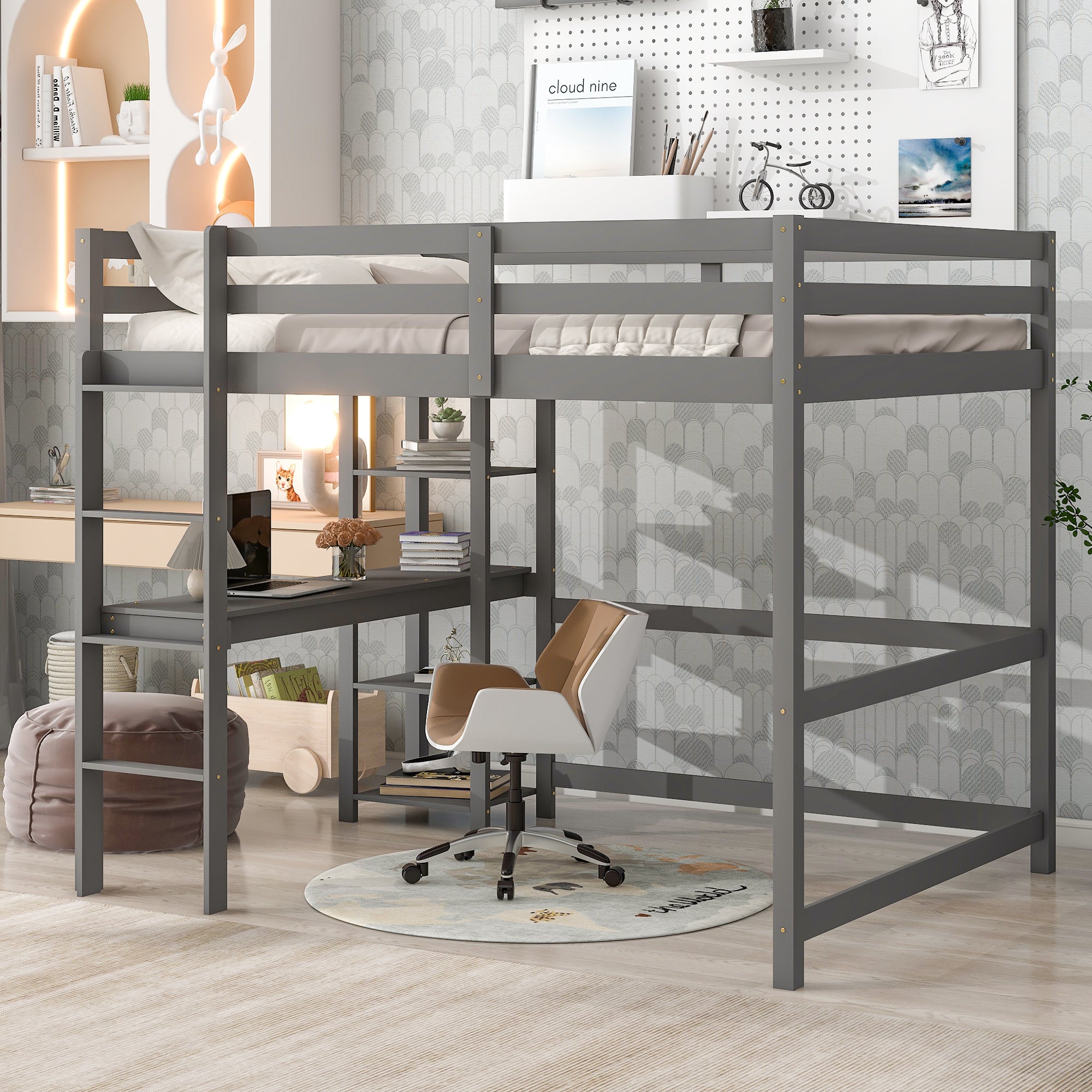 Full Loft Bed with Desk and Shelves,Grey