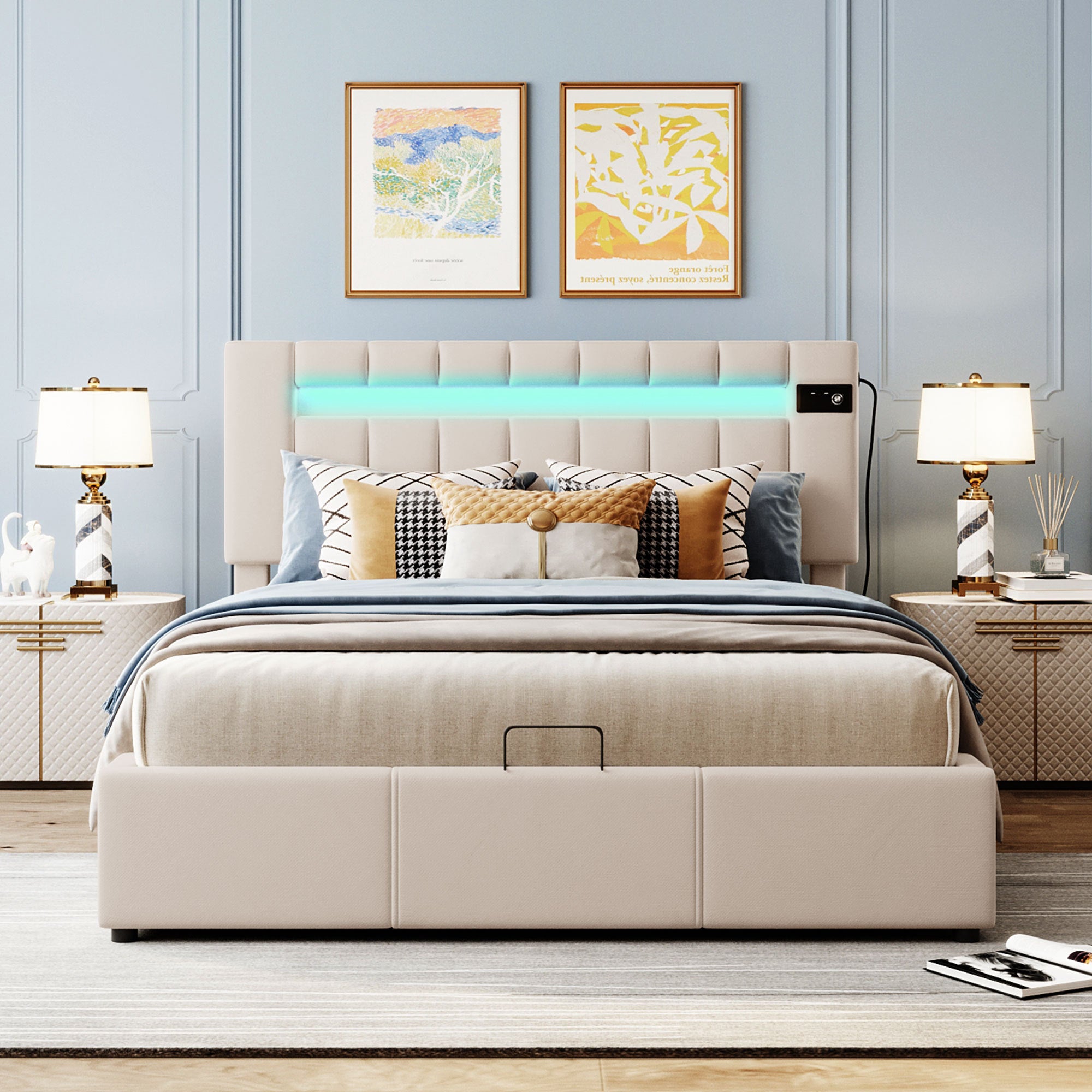 Upholstered Bed Queen Size with LED light, Bluetooth Player and USB Charging, Hydraulic Storage Bed in Beige Velvet Fabric