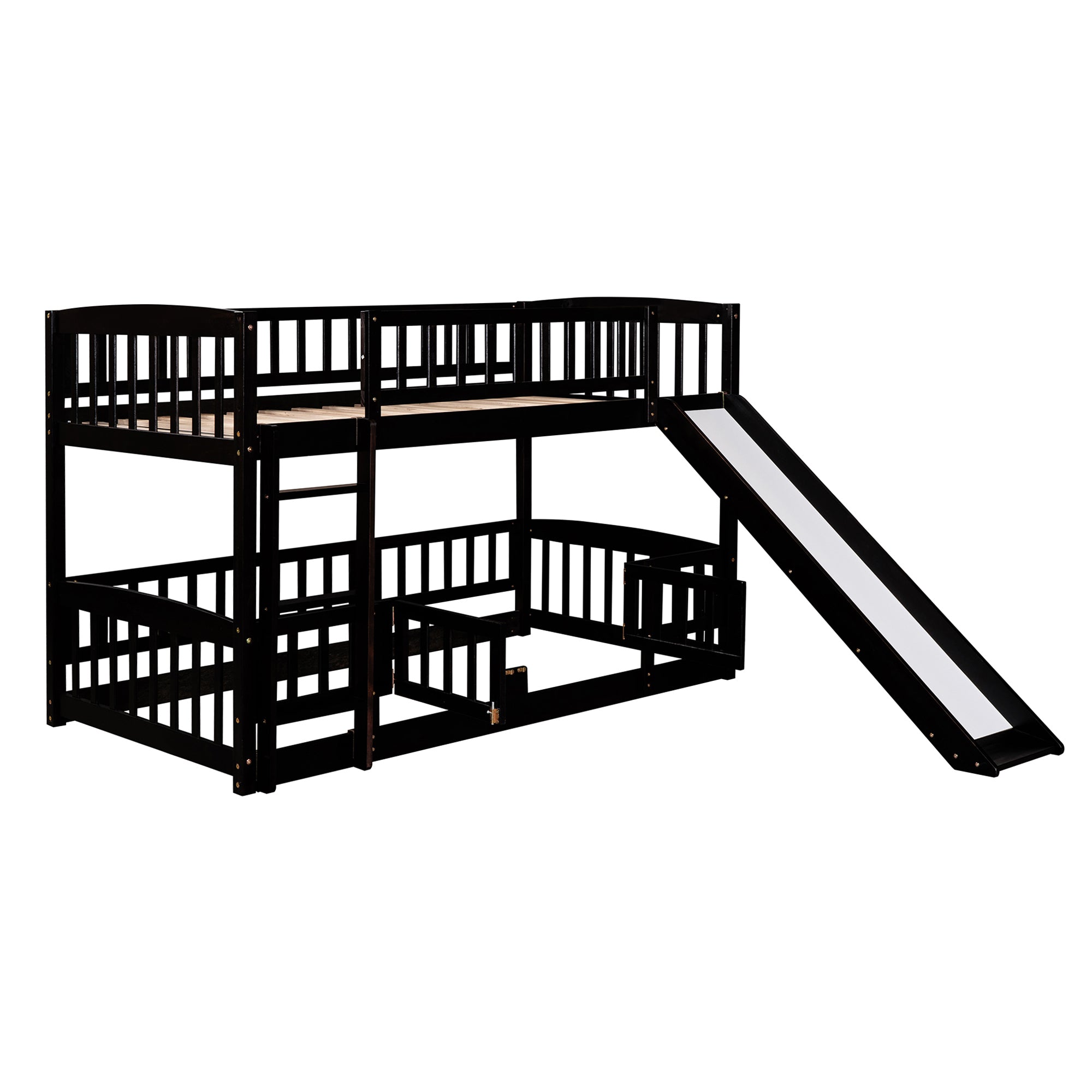 Bunk Bed with Slide,Twin Over Twin Low Bunk Bed with Fence and Ladder for Toddler Kids Teens Espresso