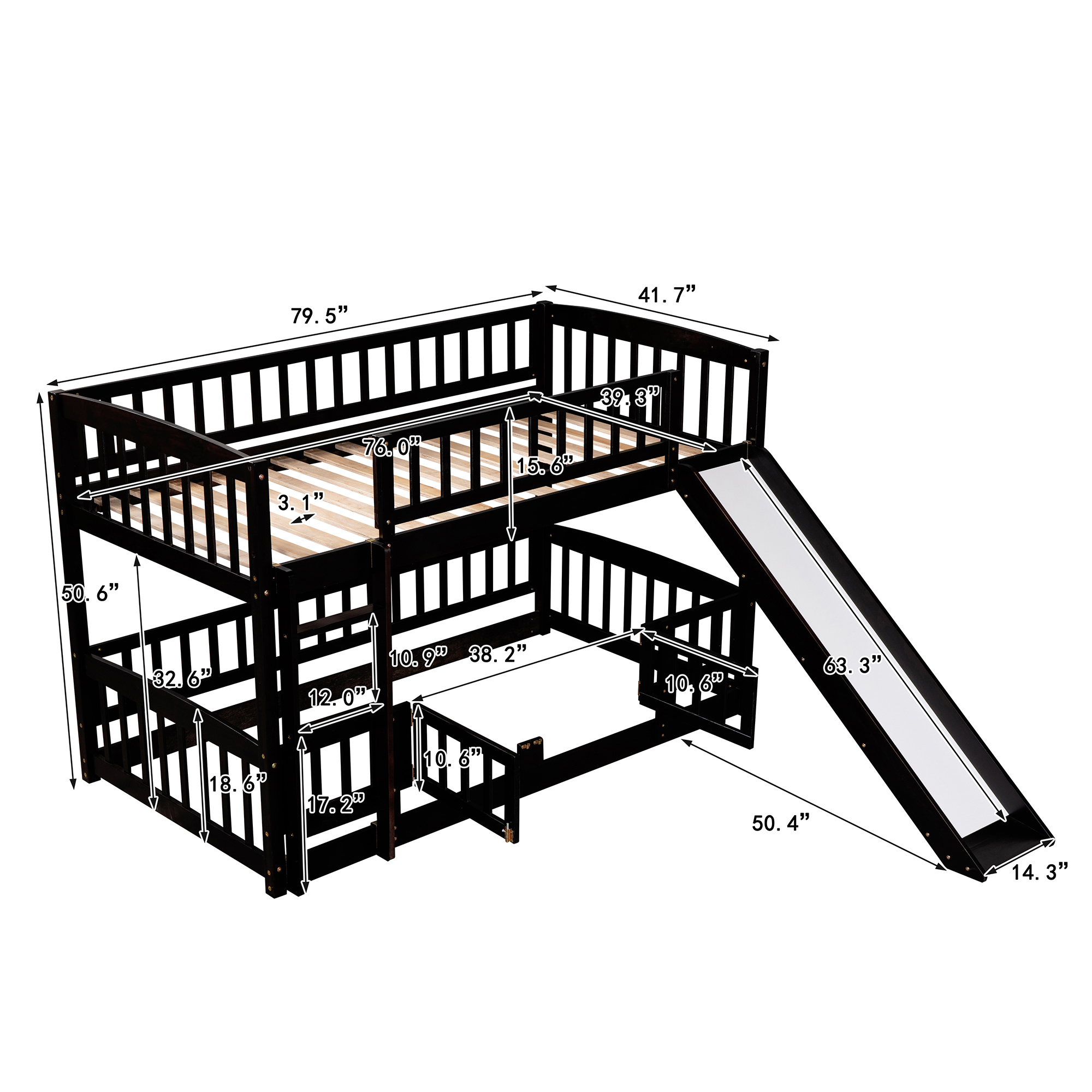 Bunk Bed with Slide,Twin Over Twin Low Bunk Bed with Fence and Ladder for Toddler Kids Teens Espresso