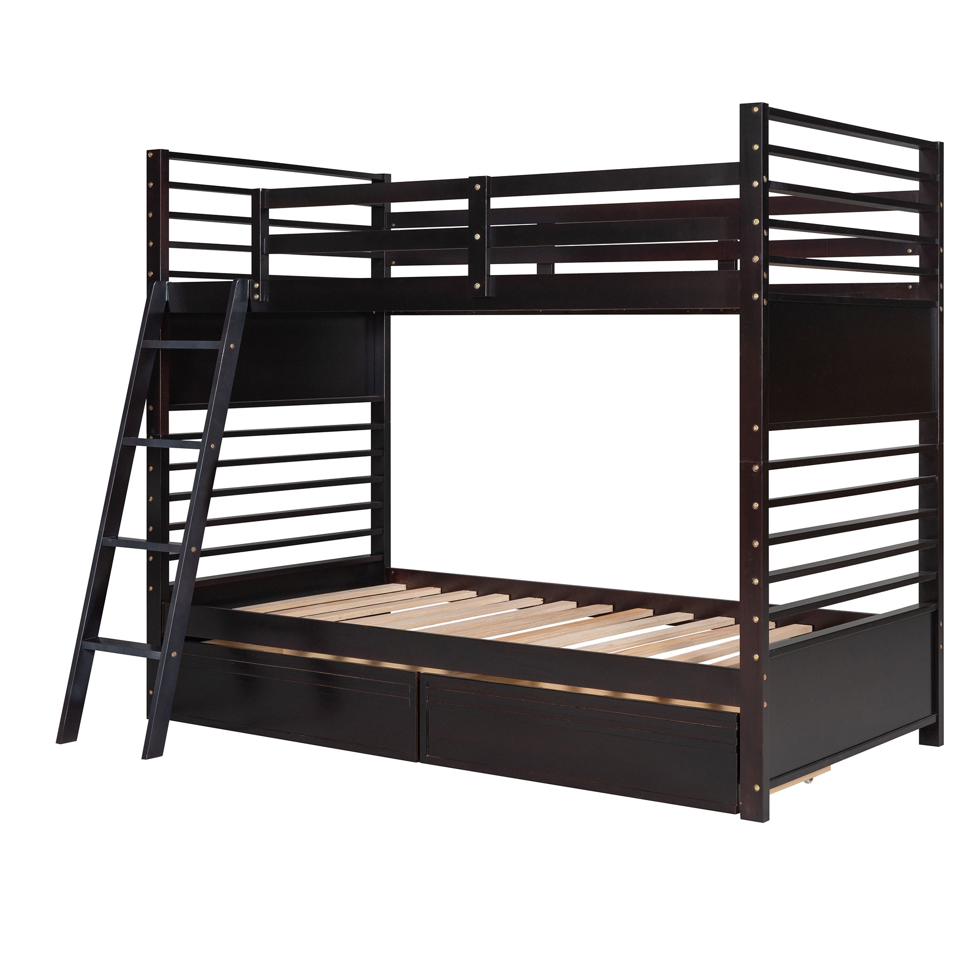 Twin over Twin Wood Bunk Bed with Two Drawers - Espresso·