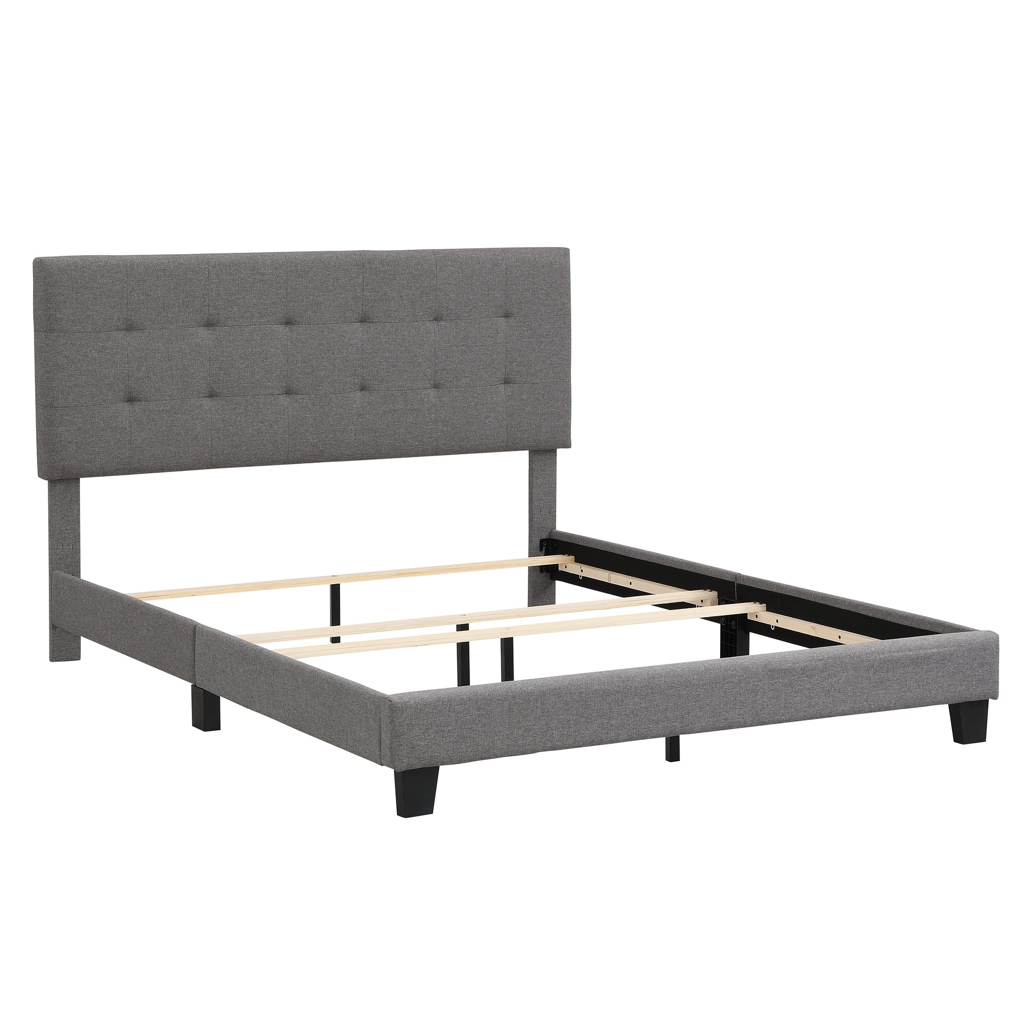 Upholstered Platform Bed with Tufted Headboard, Box Spring Needed, Gray Linen Fabric, Queen Size