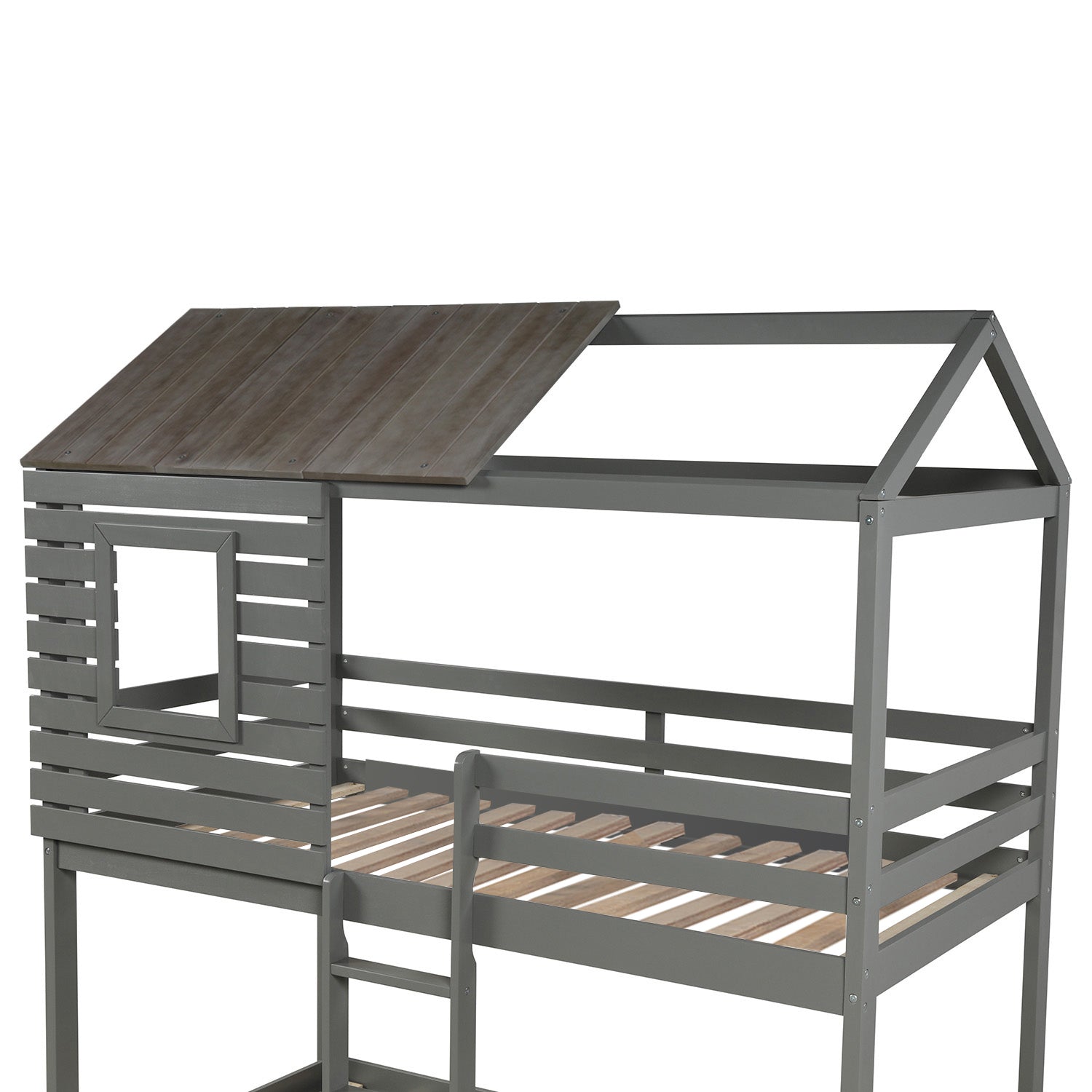 Twin Over Twin Bunk Bed Wood Loft Bed with Roof, Window, Guardrail, Ladder (Gray)(OLD SKU: LP000088AAN)