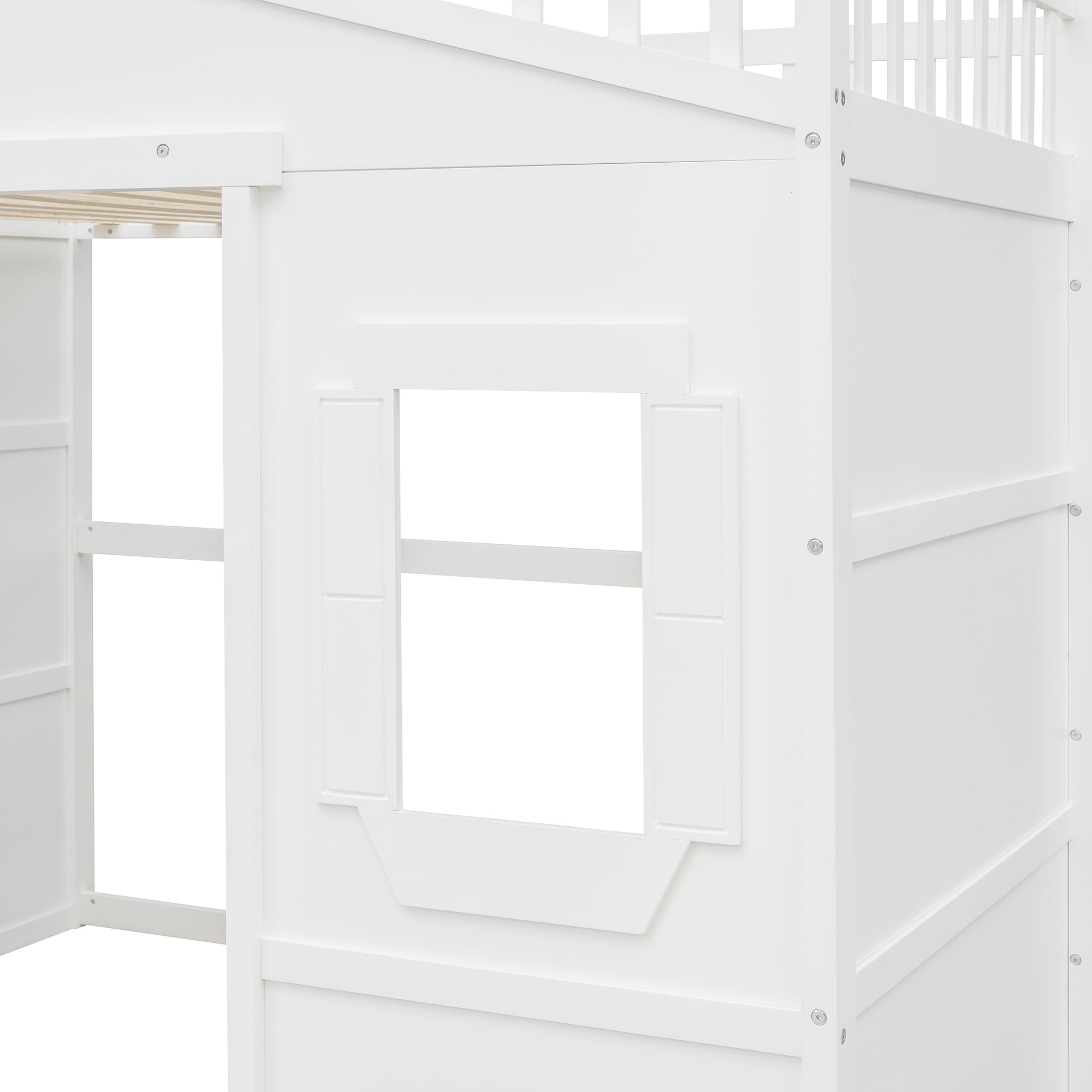 Full Size House Loft Bed With Ladder-White