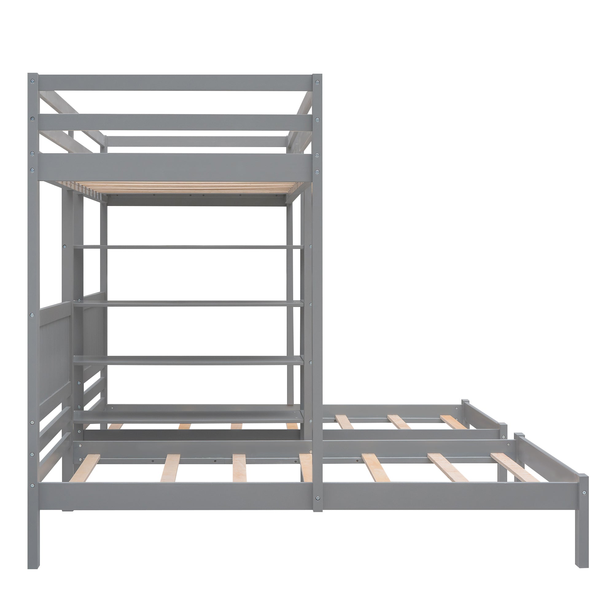 Twin XL over Twin&Twin Bunk Bed with Built-in Four Shelves and Ladder,Gray