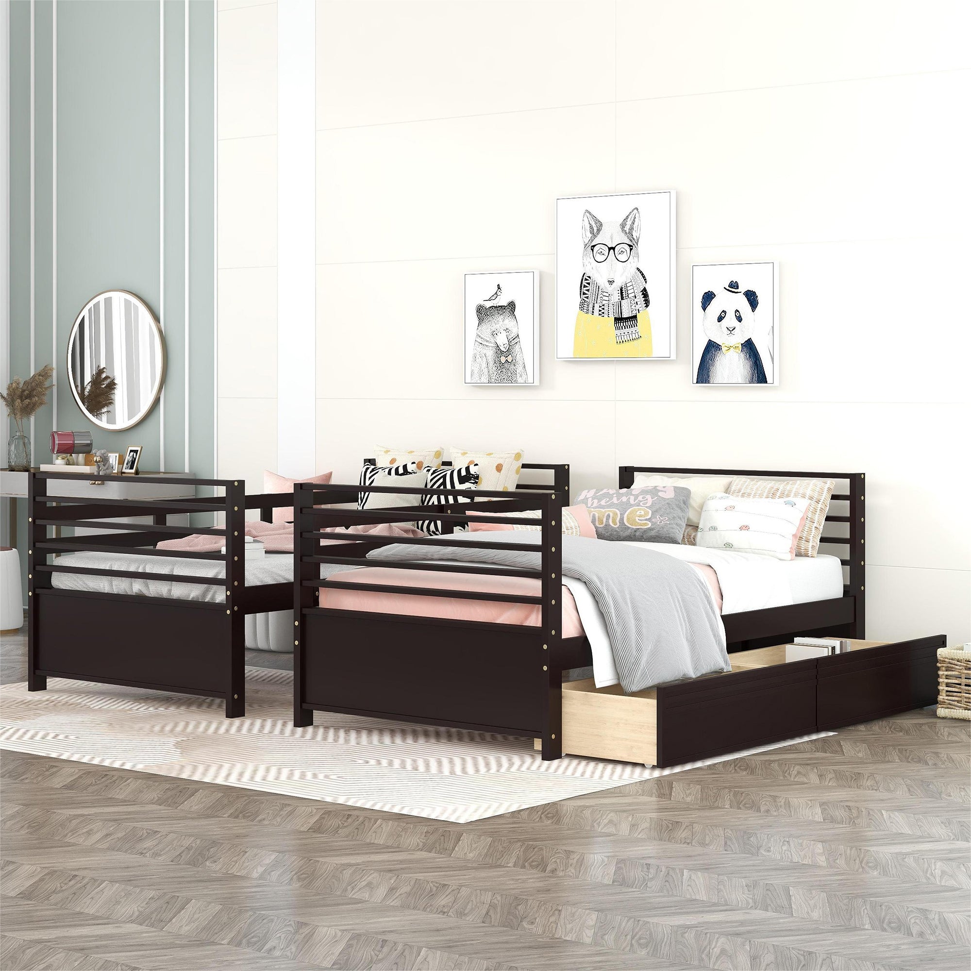 Twin over Twin Wood Bunk Bed with Two Drawers - Espresso·