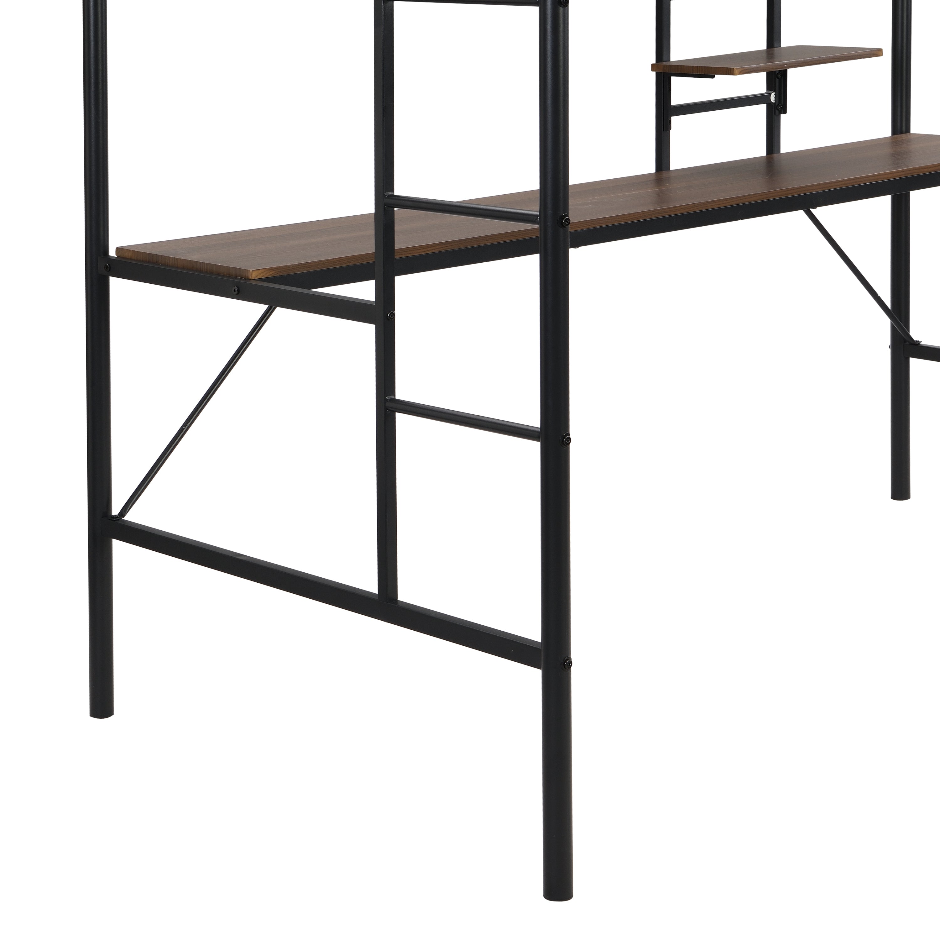 Metal twin loft bed with desk and storage shelves