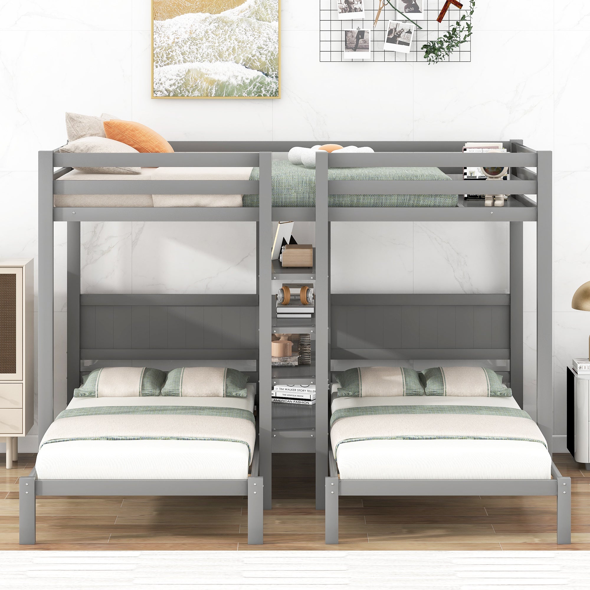 Twin XL over Twin&Twin Bunk Bed with Built-in Four Shelves and Ladder,Gray