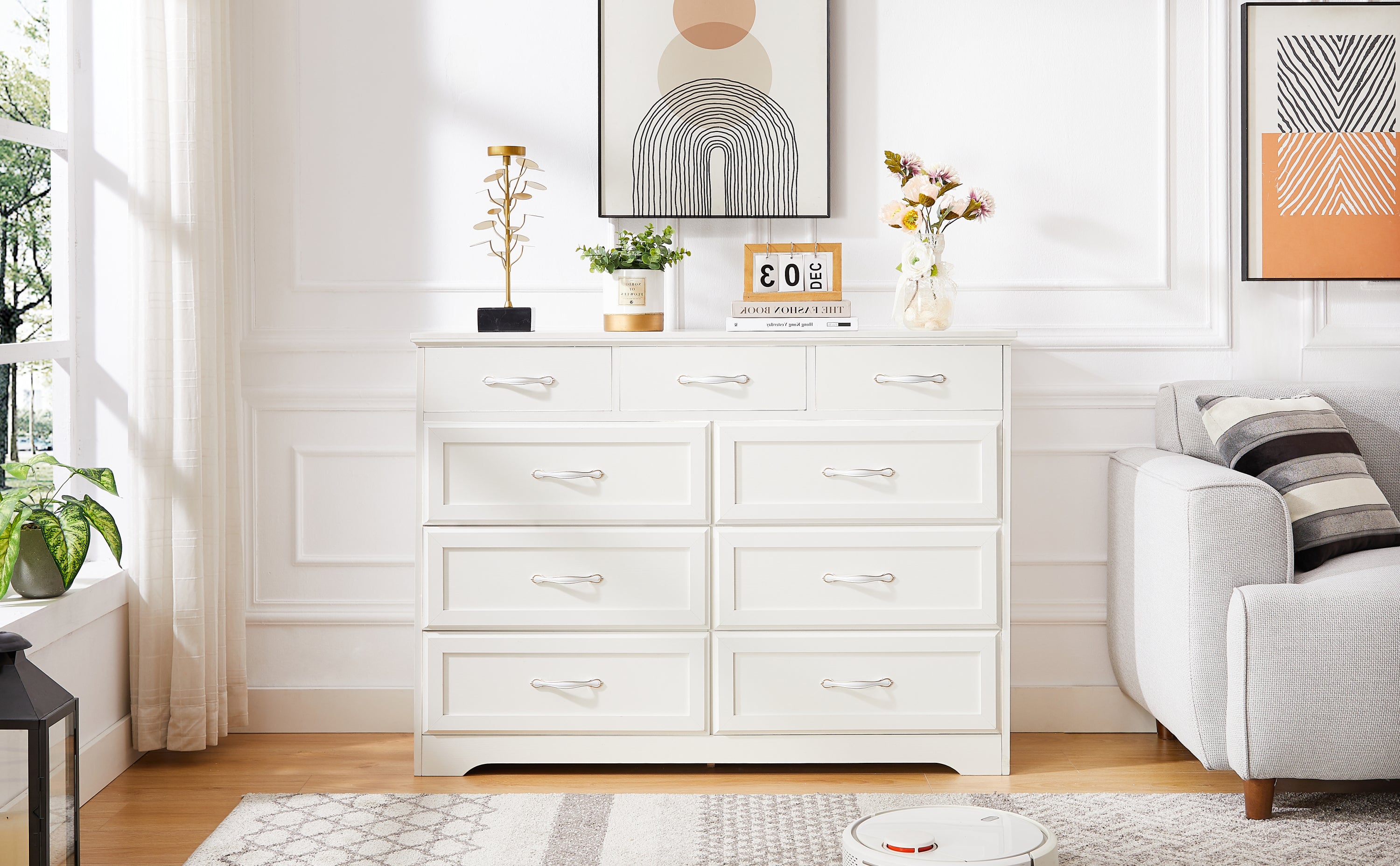 Bedroom dresser, 9 drawer long dresser with antique handles, wood chest of drawers for kids room, living room, entry and hallway, White, 47.2''W x 15.8''D x 34.6''H.