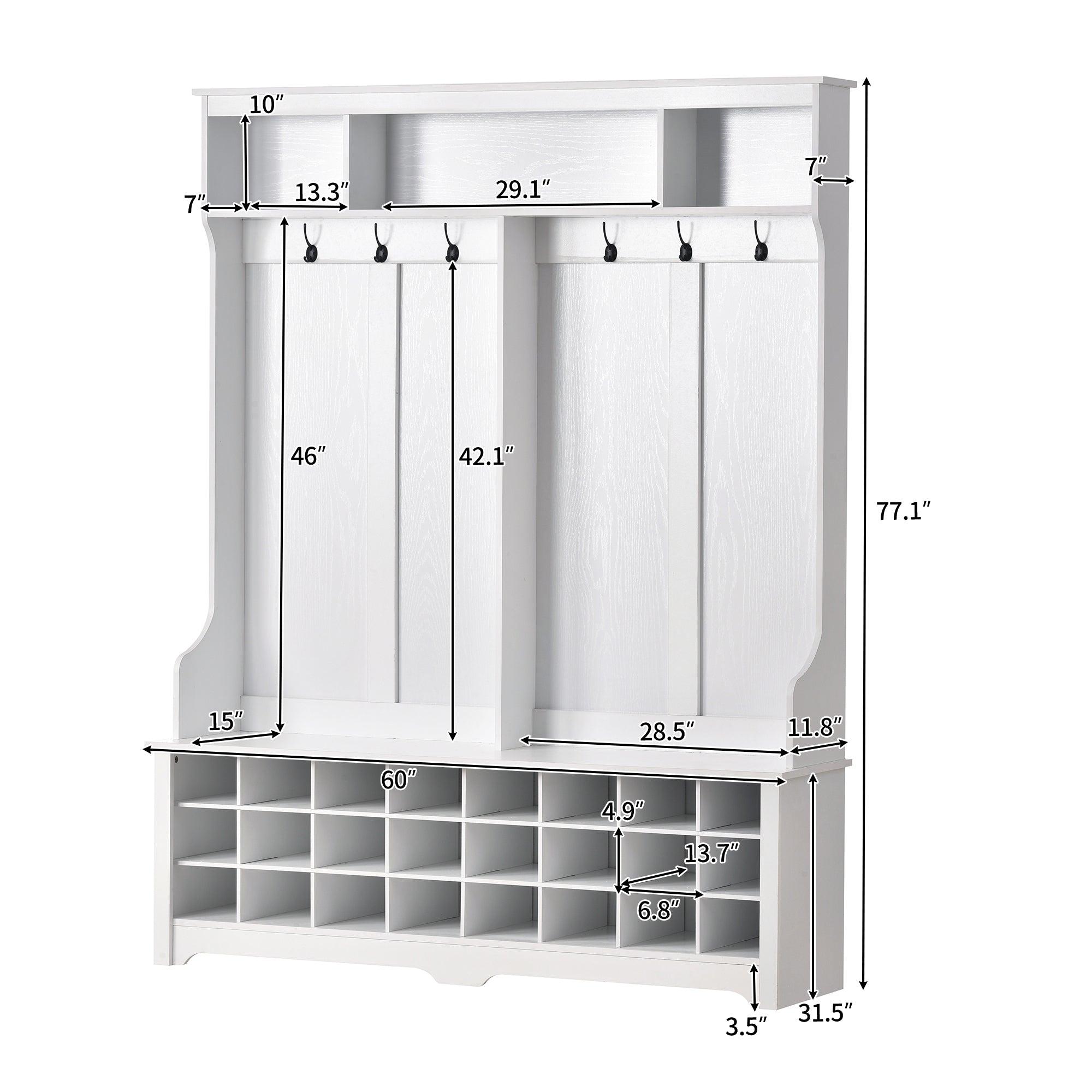 ON-TREND Modern Style Multiple Functions Hallway Coat Rack with Metal Black Hooks, Entryway Bench 60" Wide Hall Tree with Ample Storage Space and 24 Shoe Cubbies , White ( OLD SKU: WF286983AAK )