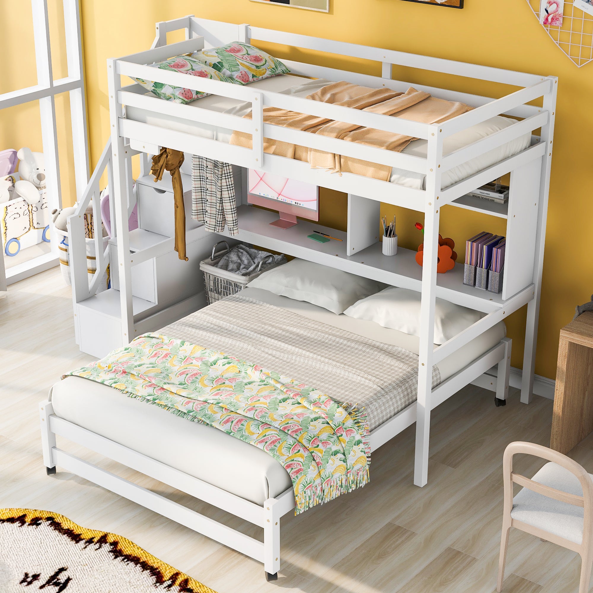 Twin over Full Bunk Bed with Storage Staircase, Desk, Shelves and Hanger for Clothes, White