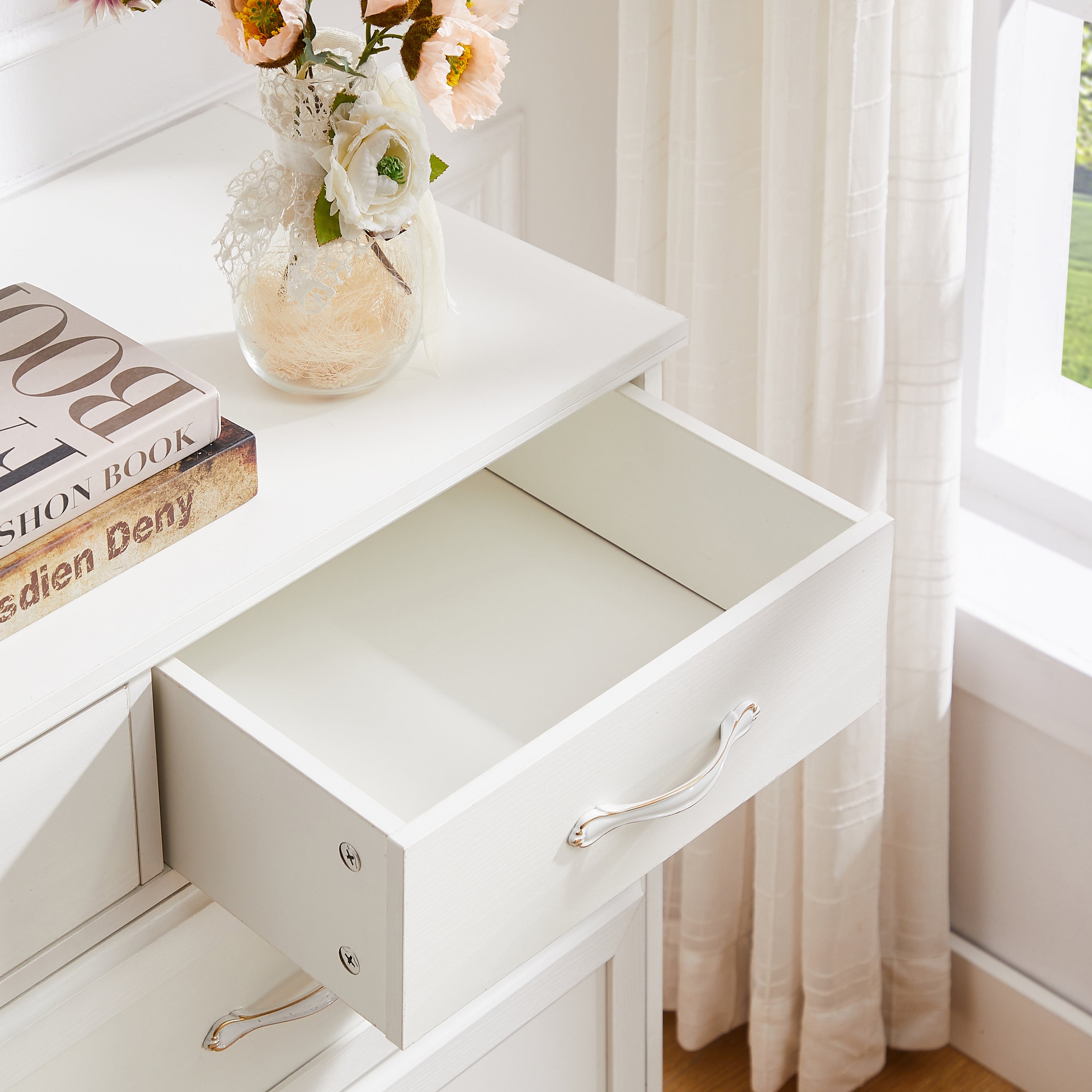 Bedroom dresser, 9 drawer long dresser with antique handles, wood chest of drawers for kids room, living room, entry and hallway, White, 47.2''W x 15.8''D x 34.6''H.