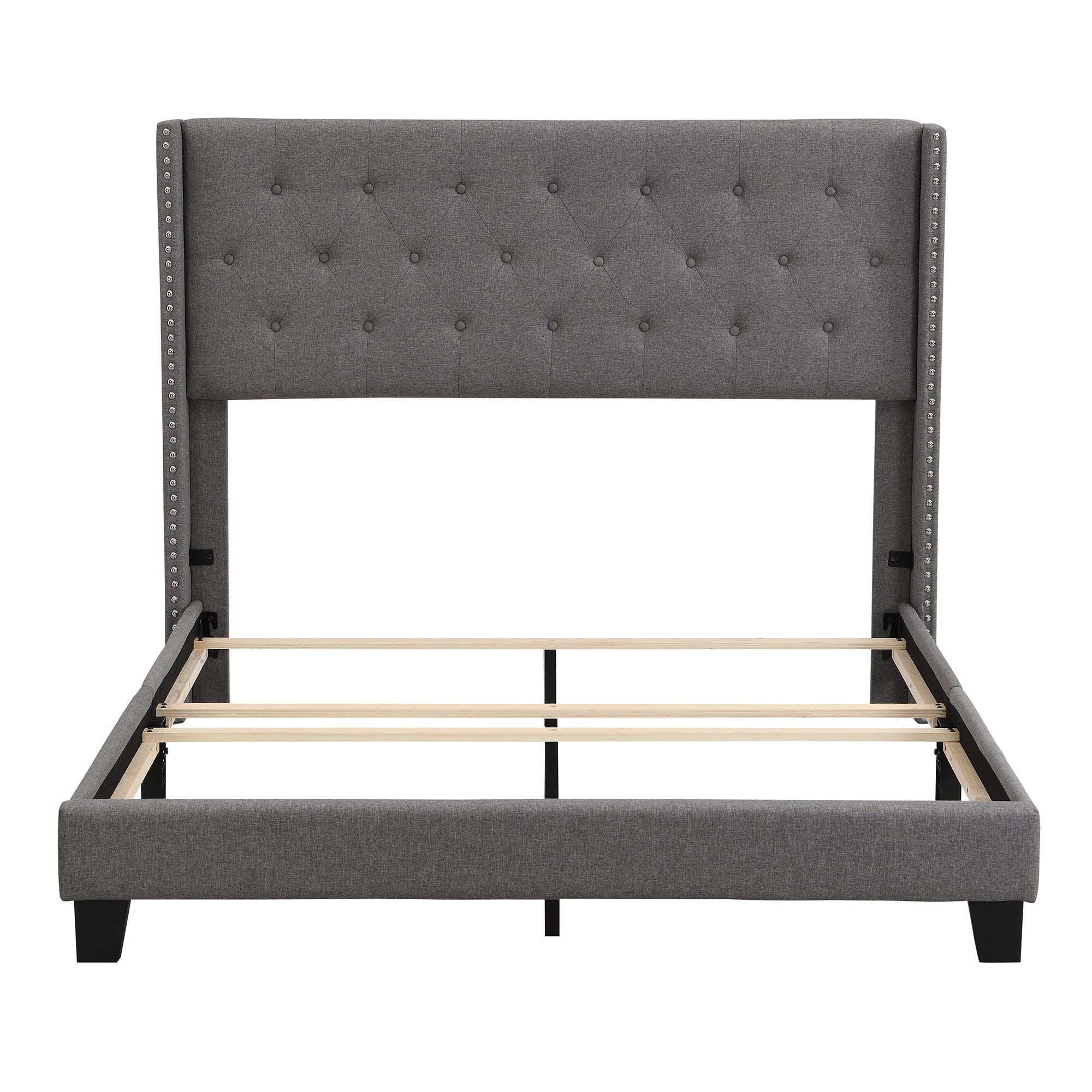 Upholstered Platform Bed with Classic Headboard, Box Spring Needed, Gray Linen Fabric, Queen Size