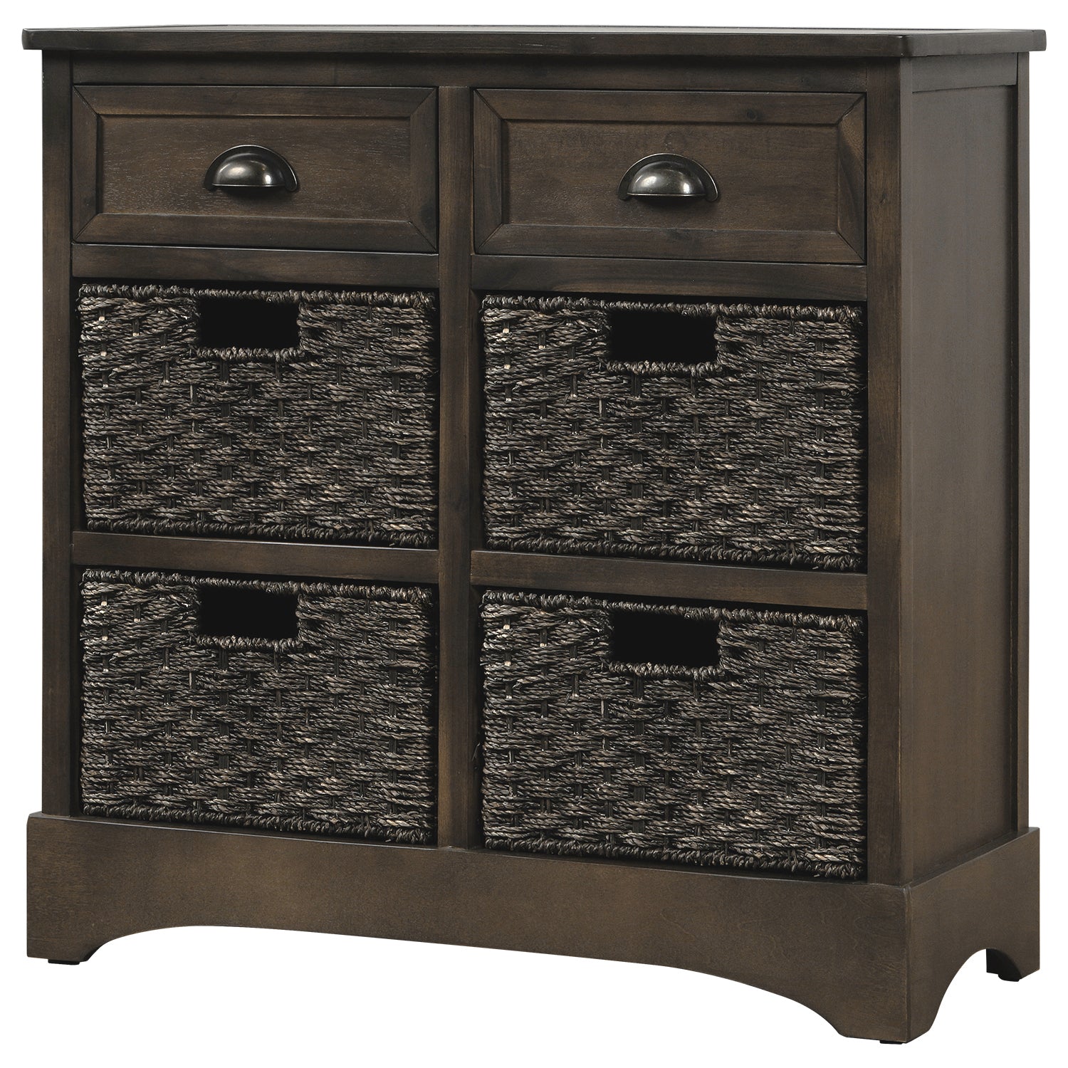 TREXM Rustic Storage Cabinet with Two Drawers and Four  Classic Rattan Basket for Dining Room/Living Room (Brown Gray)