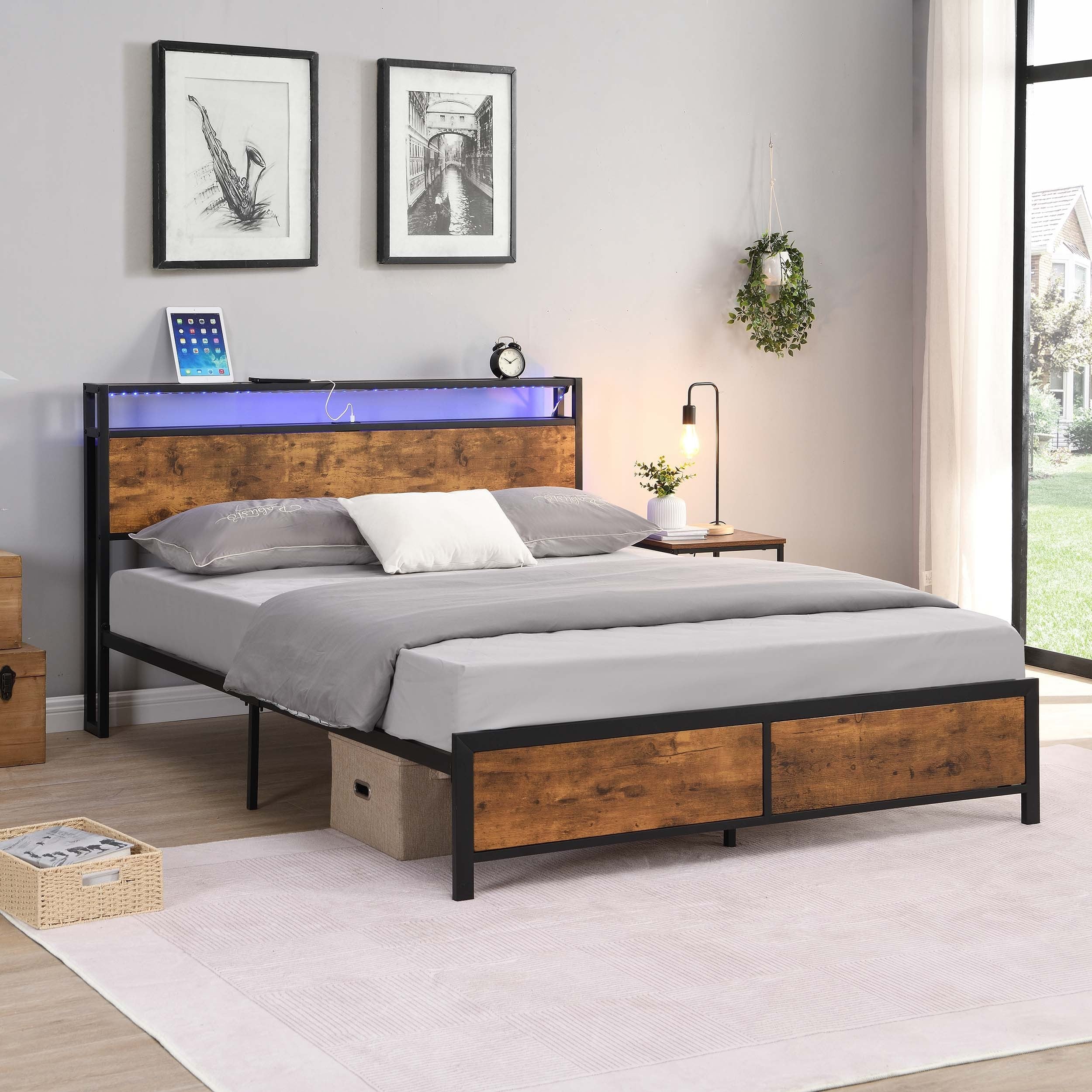 Industrial Full Bed Frame with LED Lights and 2 USB Ports, Bed Frame Full Size with Storage, Noise Free, No Box Spring Needed, Rustic Brown