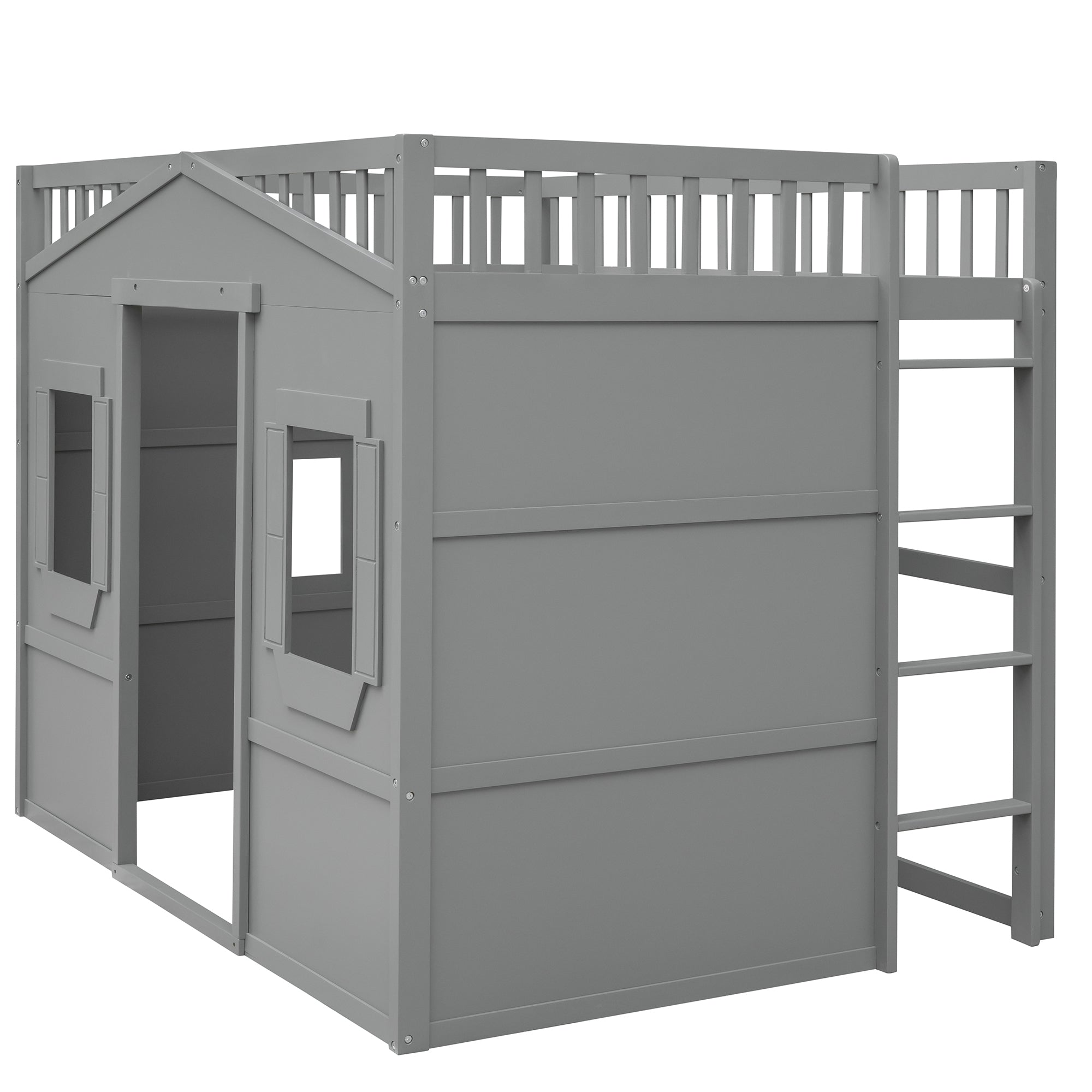 Full Size House Loft Bed With Ladder-Gray