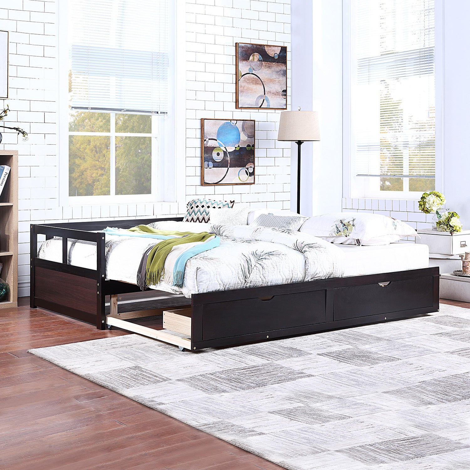 Wooden Daybed with Trundle Bed and Two Storage Drawers , Extendable Bed Daybed,Sofa Bed for Bedroom Living Room,Espresso