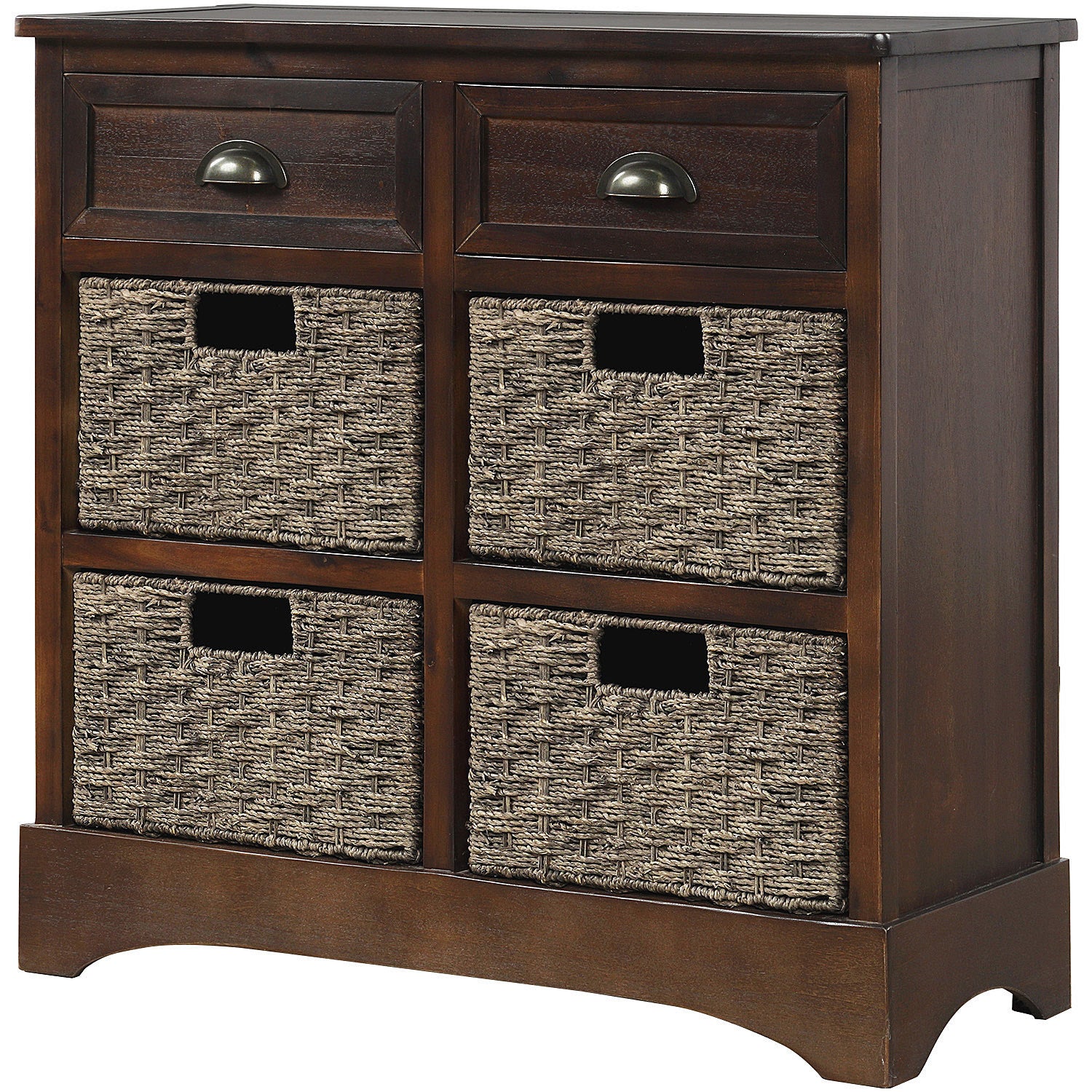 TREXM Rustic Storage Cabinet with Two Drawers and Four Classic Rattan Basket for Dining Room/Living Room (Espresso)