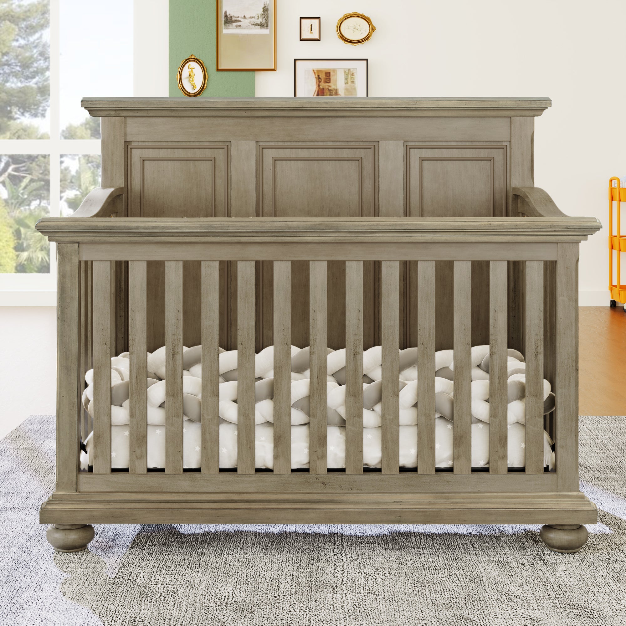 Traditional Farmhouse Style 4-in-1 Full Size Convertible Crib - Converts to Toddler Bed, Daybed and Full-Size Bed, Stone Gray