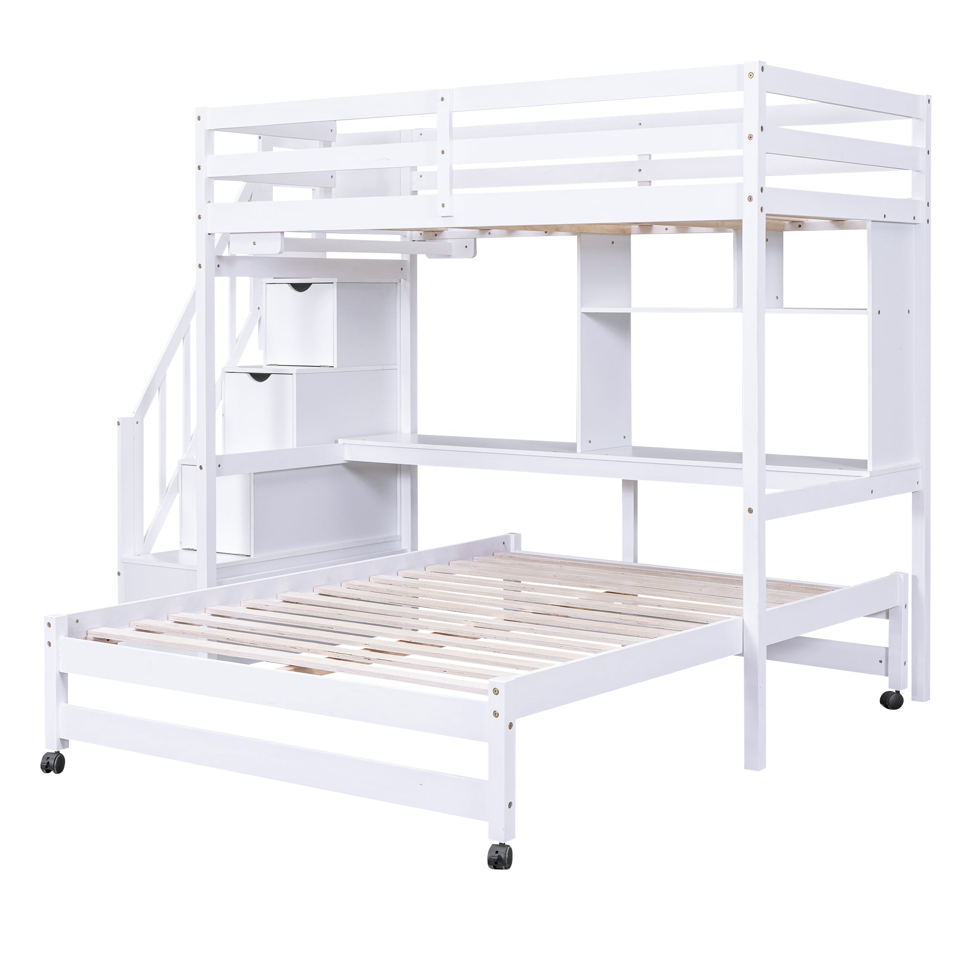 Twin over Full Bunk Bed with Storage Staircase, Desk, Shelves and Hanger for Clothes, White