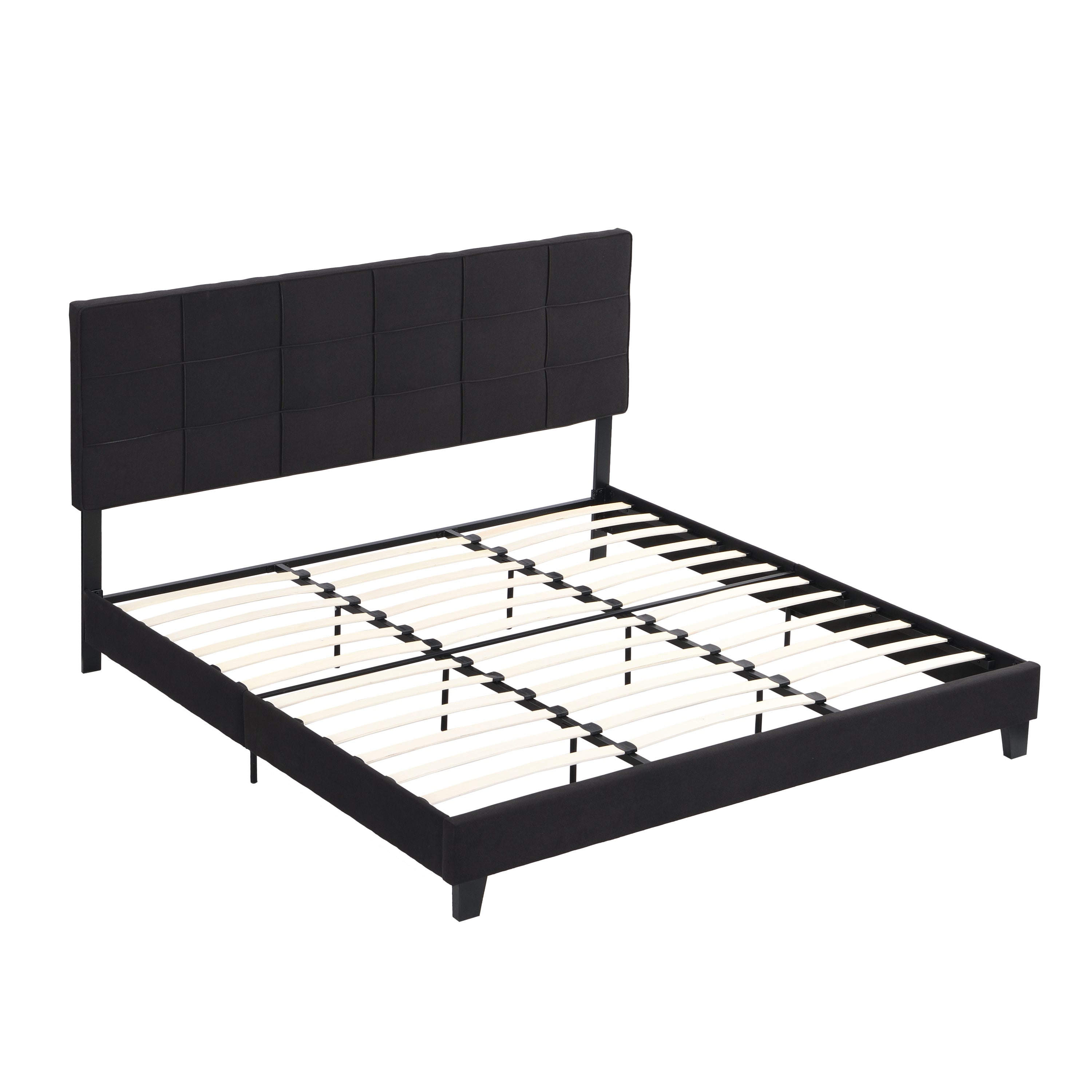 King Size Upholstered Platform Bed Frame with  Linen Fabric Headboard, No Box Spring Needed, Wood Slat Support, Easy Assembly, BLACK