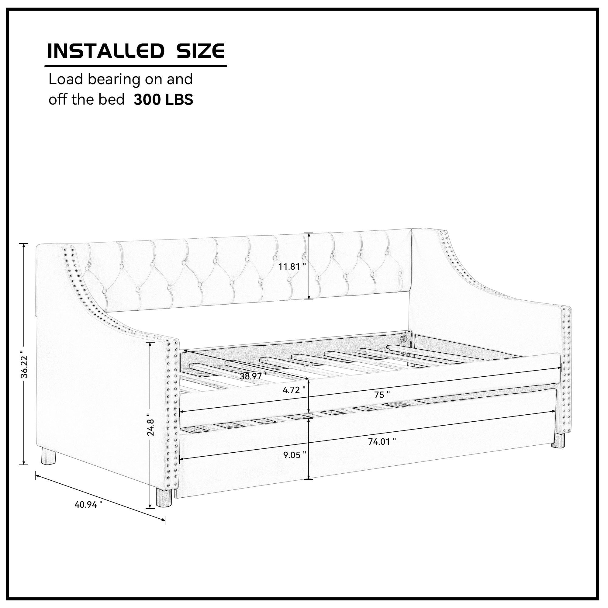 Twin Size Upholstered Daybed with Trundle,Sturdy Wood Bedframe w/ Bedframe Tufted Button & Copper Nail on Arms Design,Perfect for Bedroom,Guest Room Furniture,No Box Spring Needed