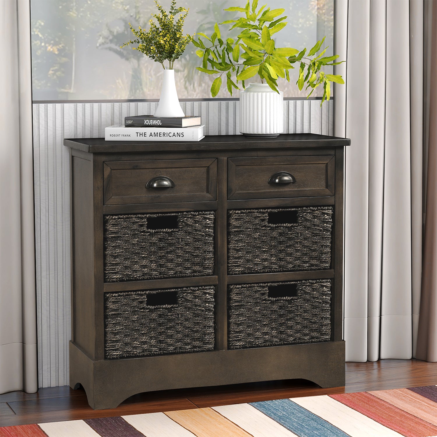 TREXM Rustic Storage Cabinet with Two Drawers and Four  Classic Rattan Basket for Dining Room/Living Room (Brown Gray)