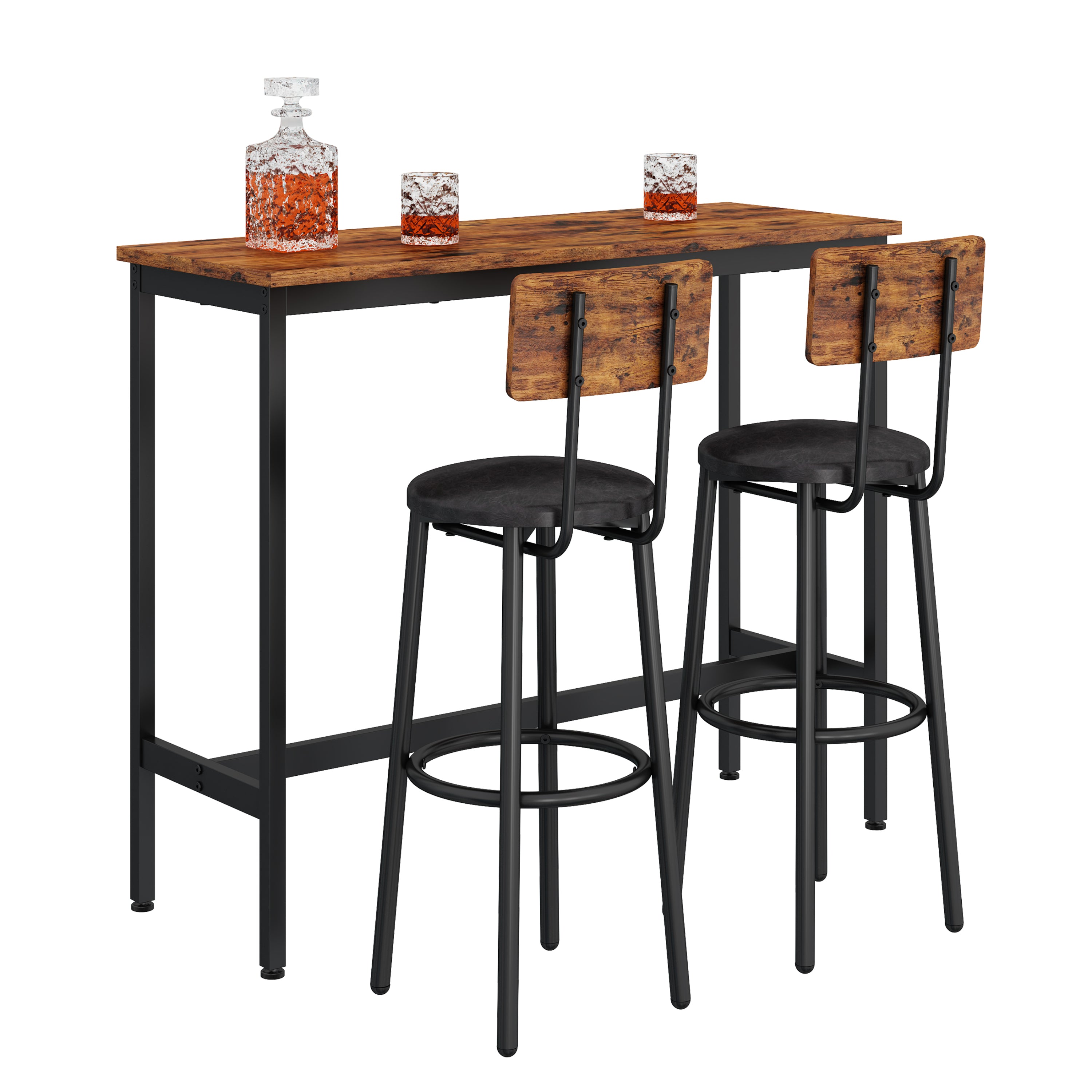 Bar Table Set with 2 Bar stools PU Soft seat with backrest (Rustic Brown,43.31’’w x 15.75’’d x 23.62’’h)