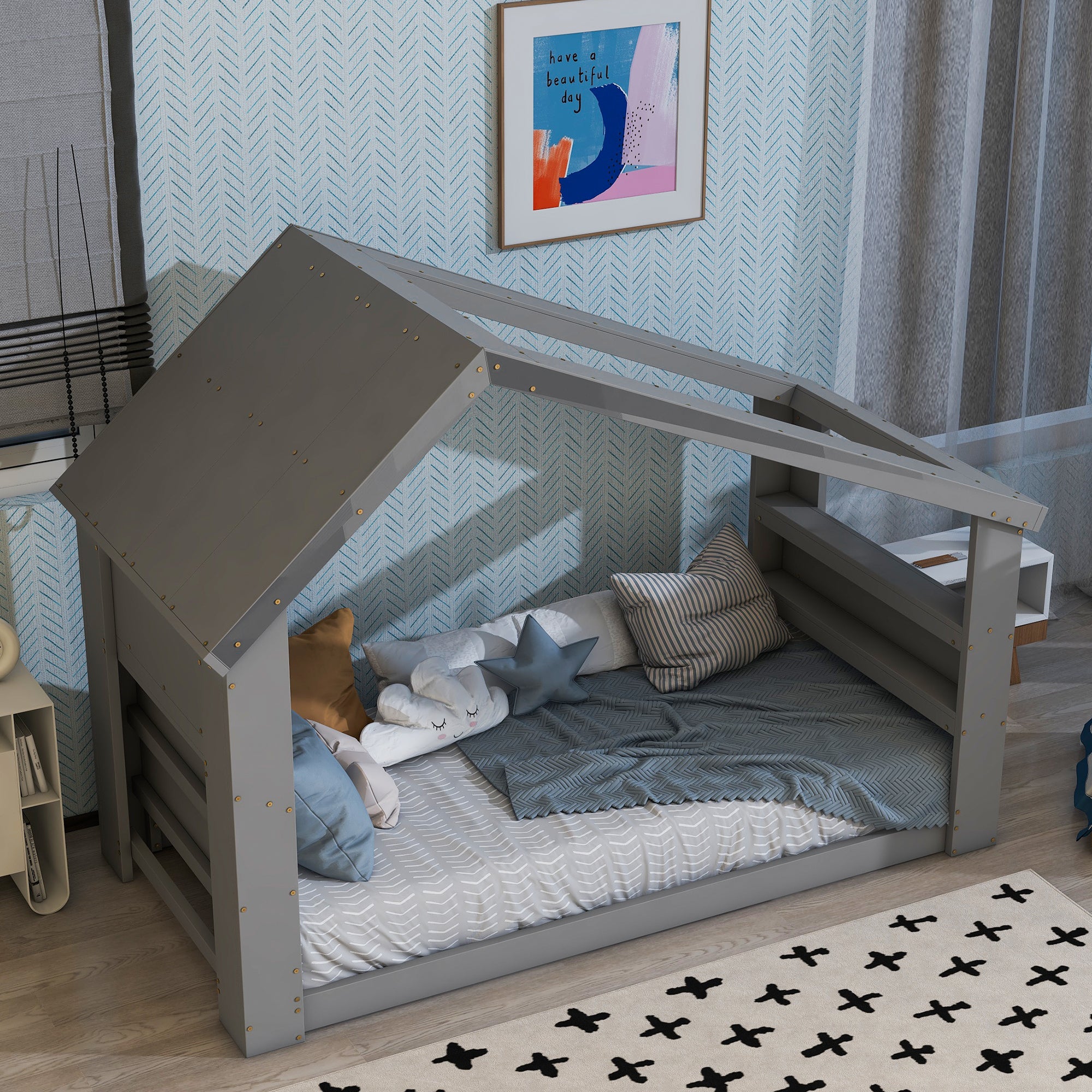 Twin House Floor Bed with Roof Window, LED Light,Gray