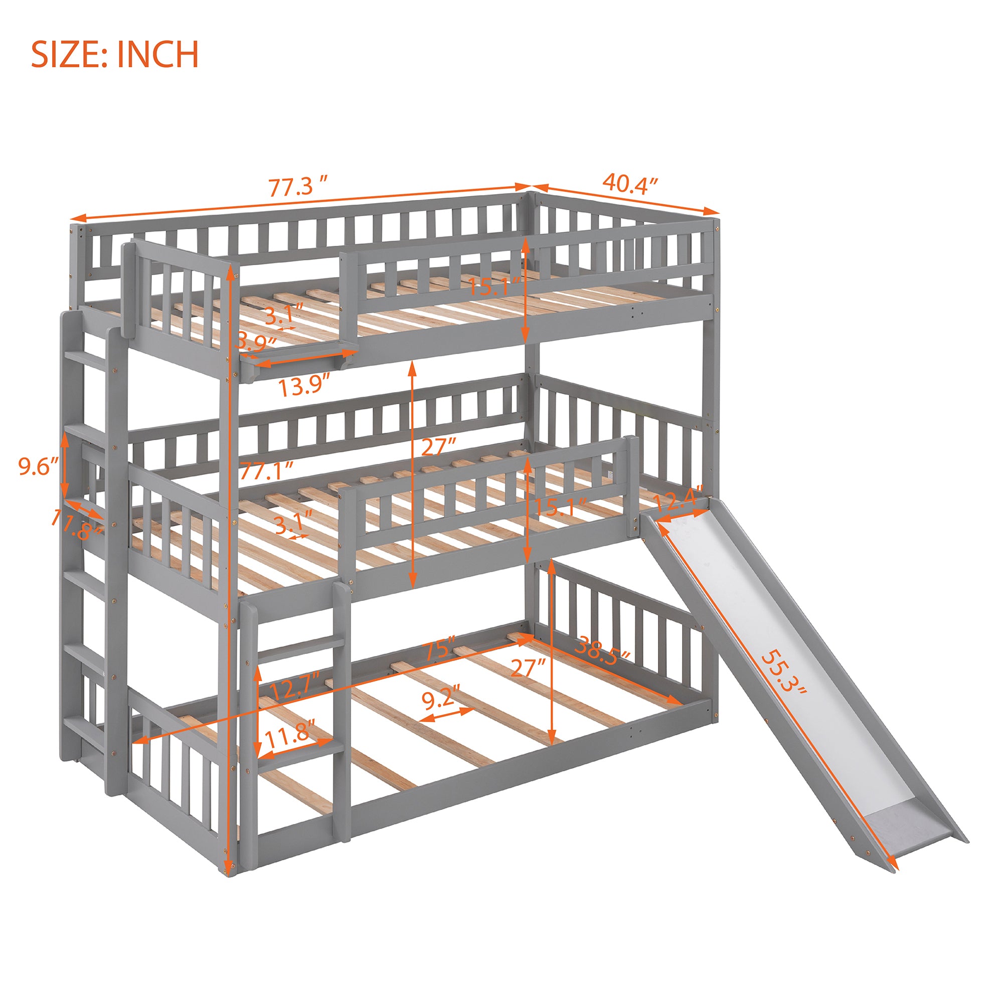 Twin-Over-Twin-Over-Twin Triple Bed with Built-in Ladder and Slide, Triple Bunk Bed with Guardrails, Gray(OLD SKU: LP000051AAE)