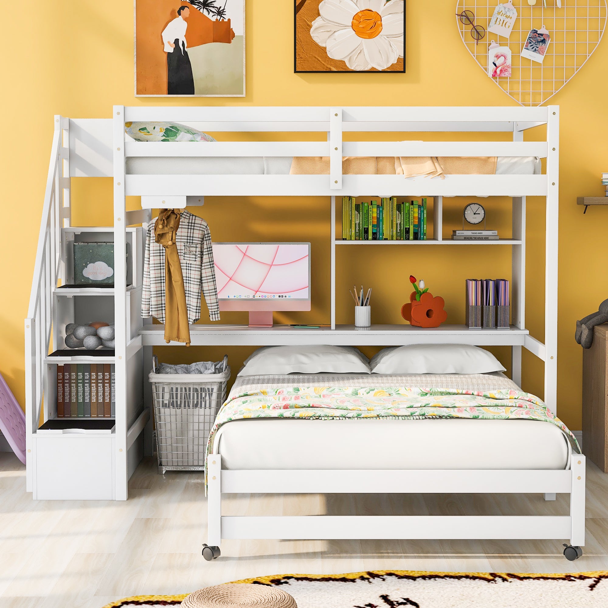 Twin over Full Bunk Bed with Storage Staircase, Desk, Shelves and Hanger for Clothes, White