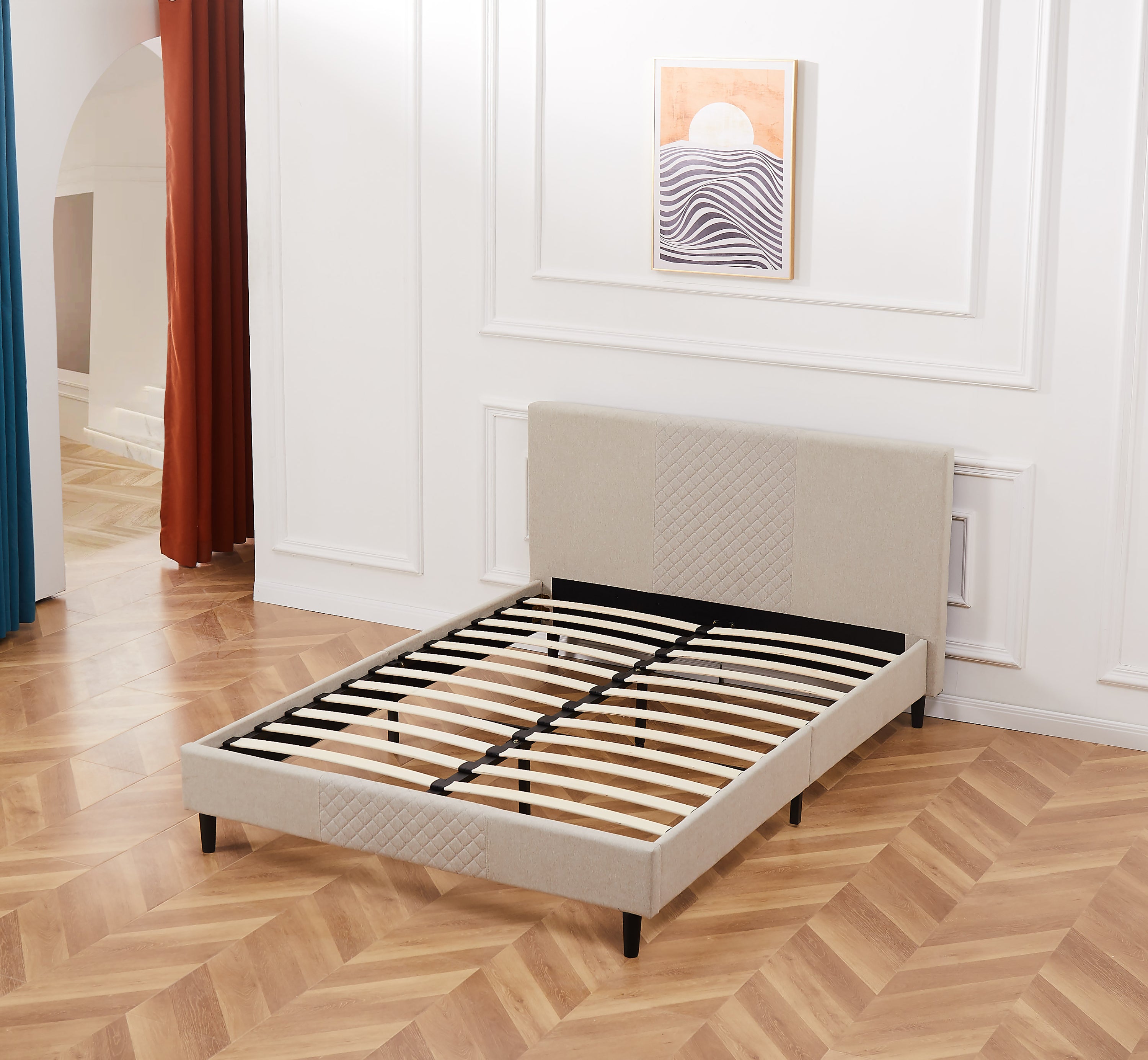 Queen Bed Frame/Velvet Upholstered Bed Frame with Diamond grid Channel Tufted Headboard/Strong Wooden Slats/Platform Bed Frame/Mattress Foundation/Box Spring Optional/Easy Assembly/Beige