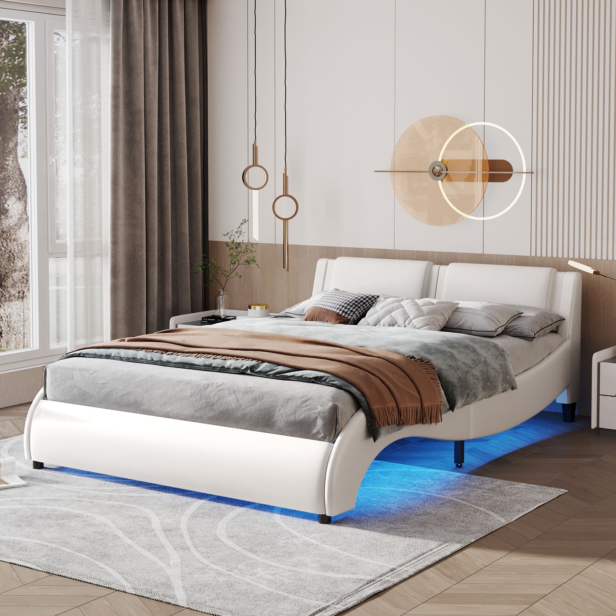 Queen Size Upholstered Faux Leather Platform Bed with LED Light Bed Frame with Slatted - White