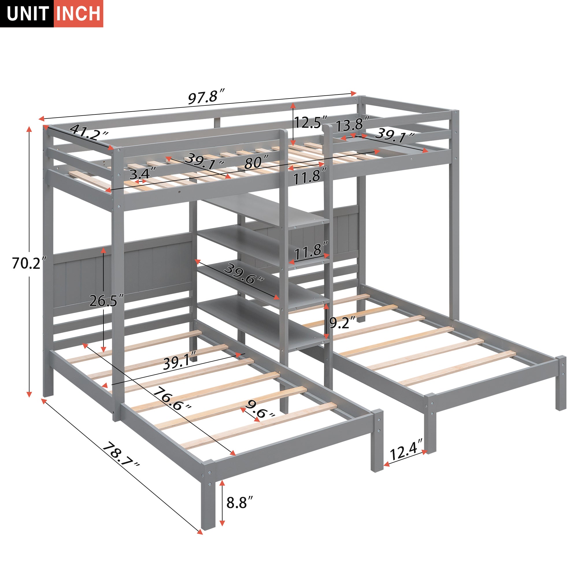 Twin XL over Twin&Twin Bunk Bed with Built-in Four Shelves and Ladder,Gray