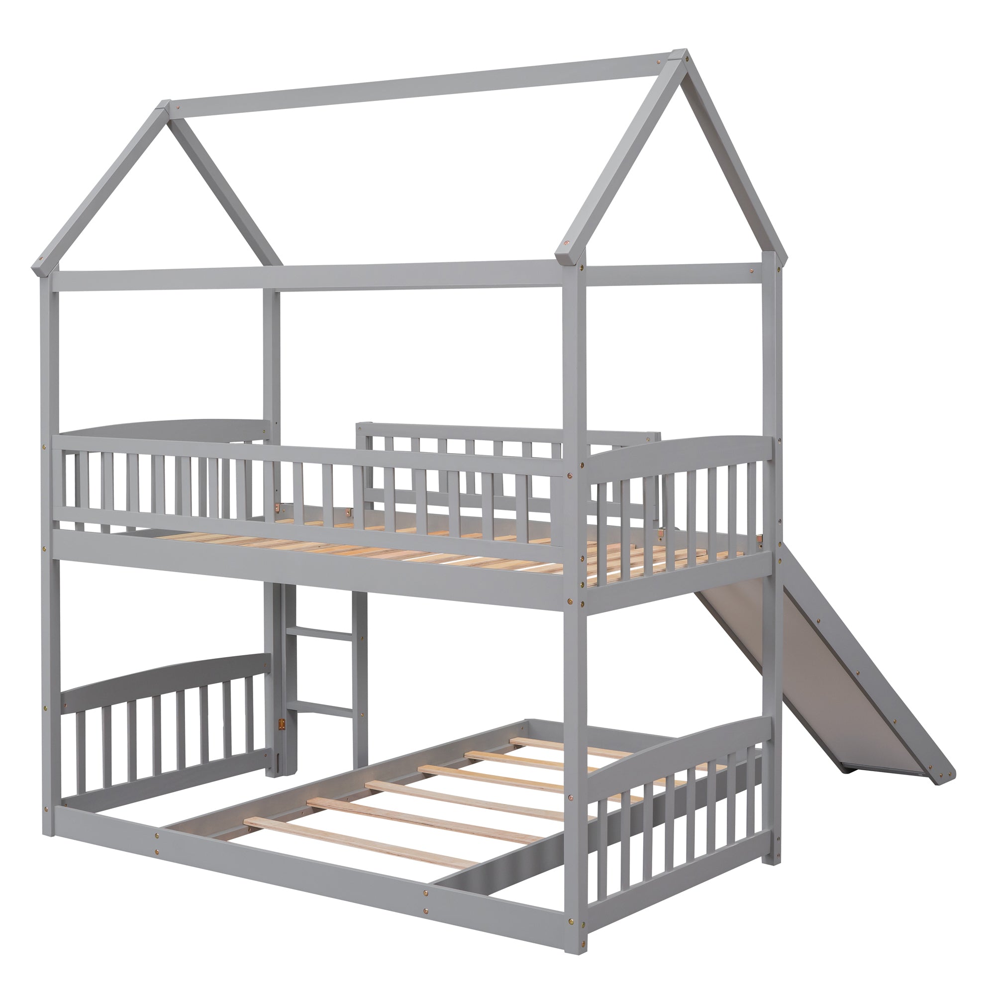 Twin Over Twin Bunk Bed with Slide, House Bed with Slide, Gray(OLD SKU: LT000214AAE)