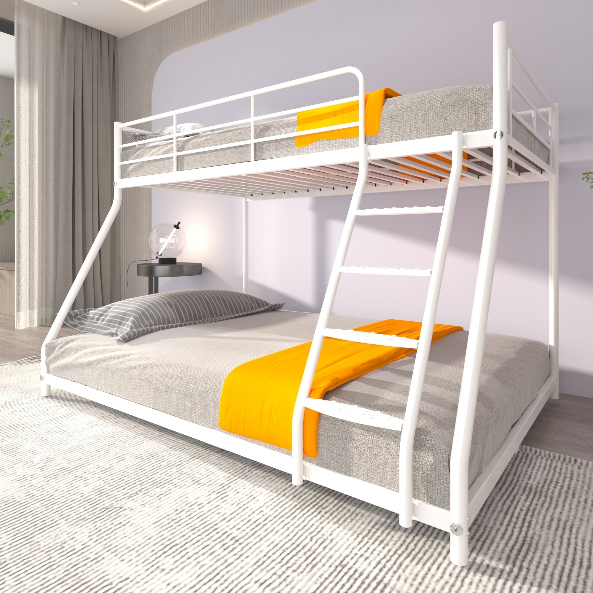 White Twin over Full Metal Bunk Bed with Comfortable Rungs, Easy to assemble