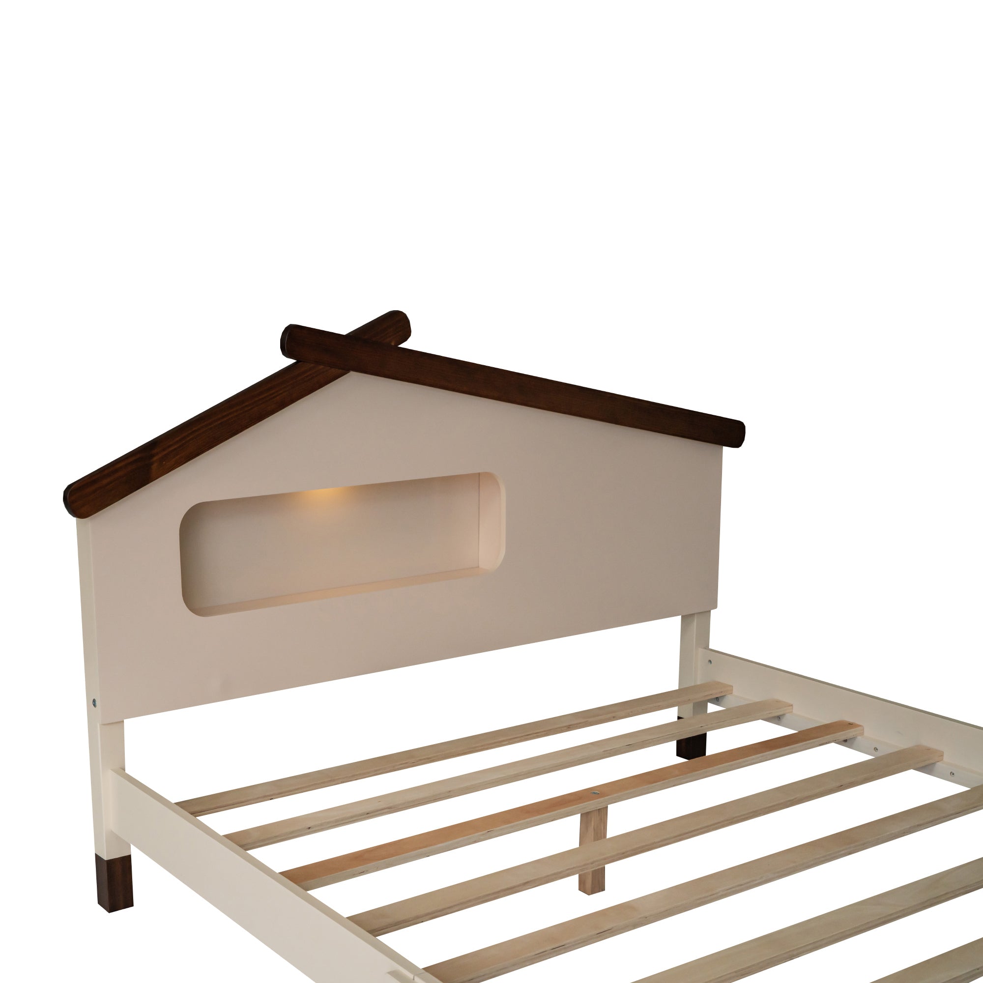 Full Size Wood Platform Bed with House-shaped Headboard and Motion Activated Night Lights (Cream+Walnut)