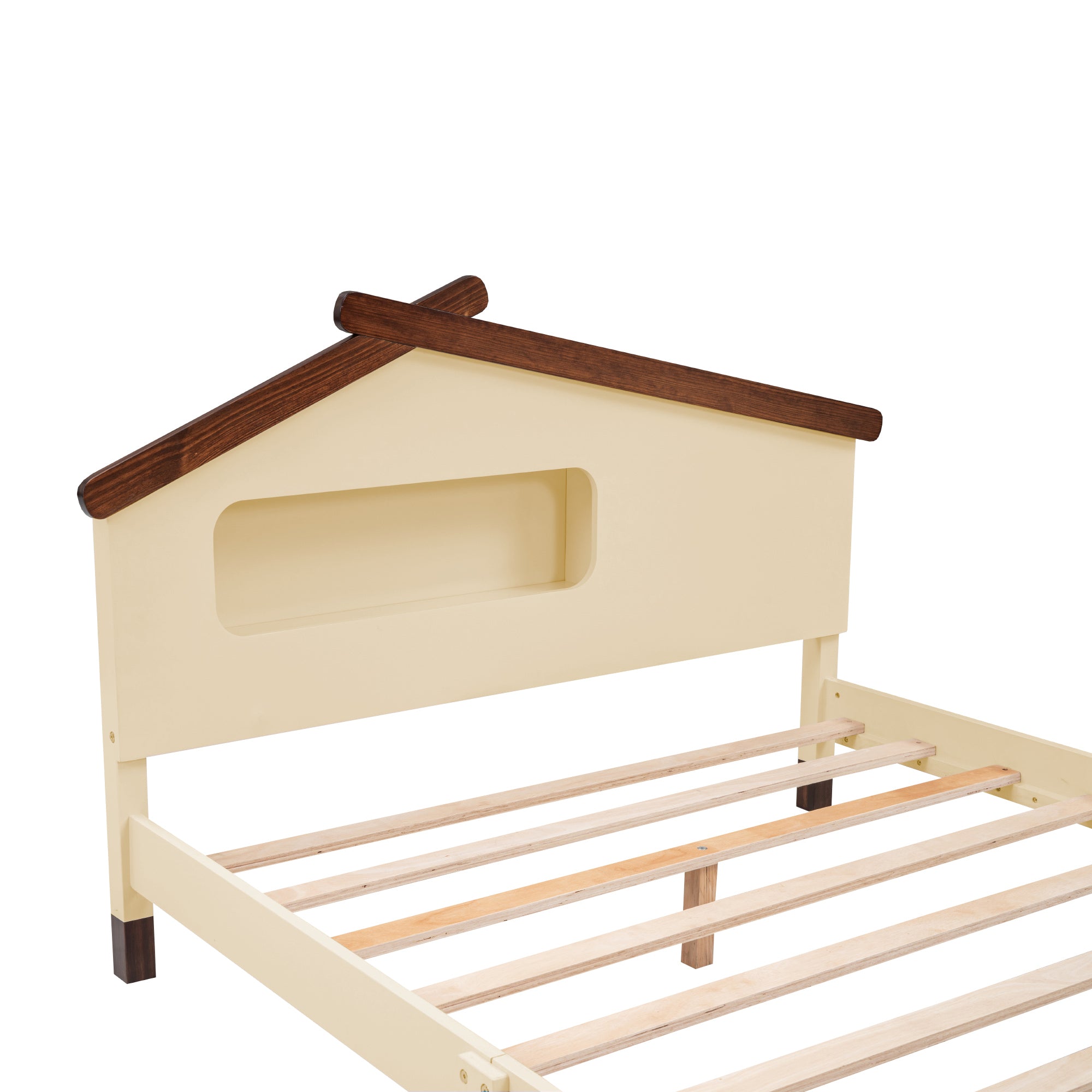 Full Size Wood Platform Bed with House-shaped Headboard and Motion Activated Night Lights (Cream+Walnut)