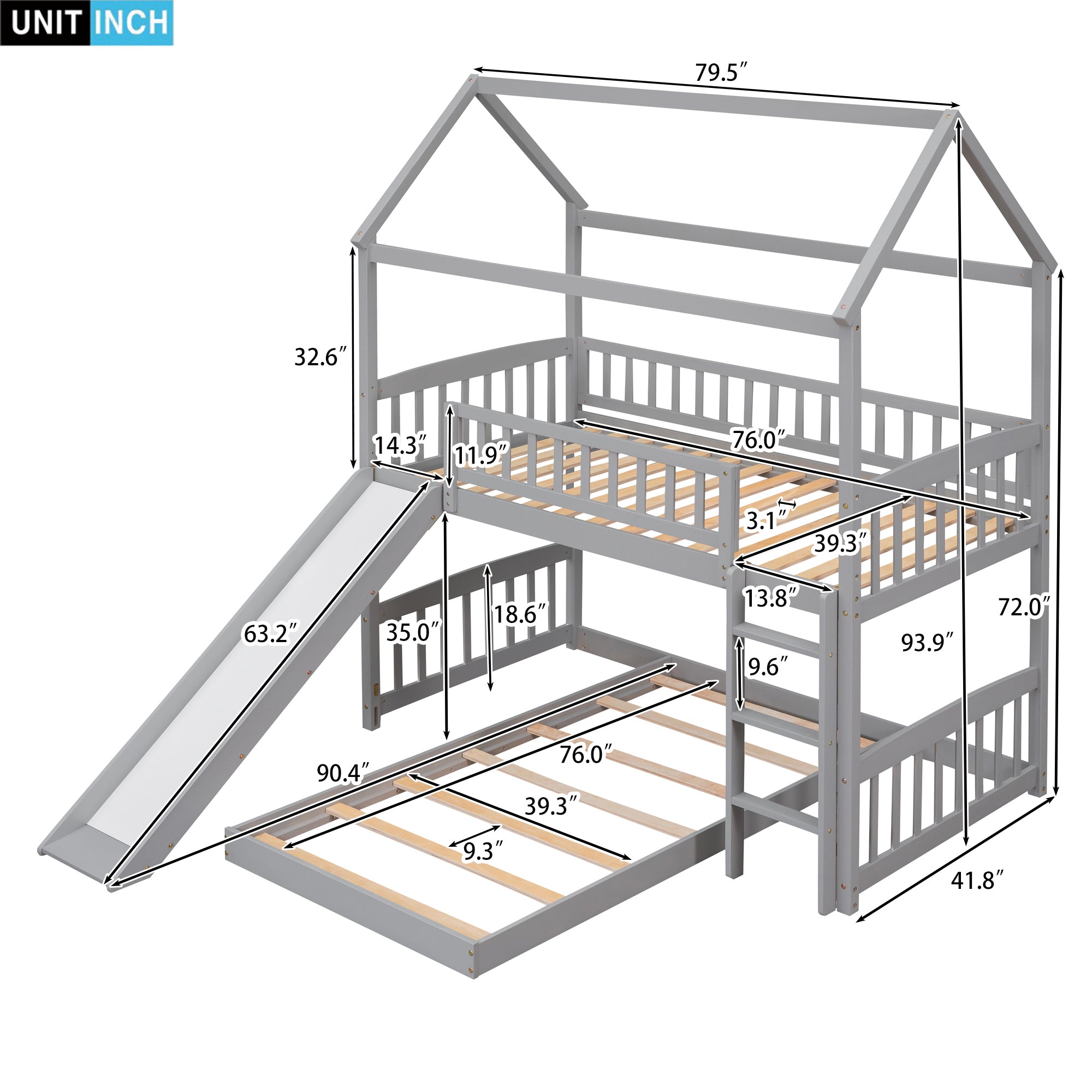 Twin Over Twin Bunk Bed with Slide, House Bed with Slide, Gray(OLD SKU: LT000214AAE)