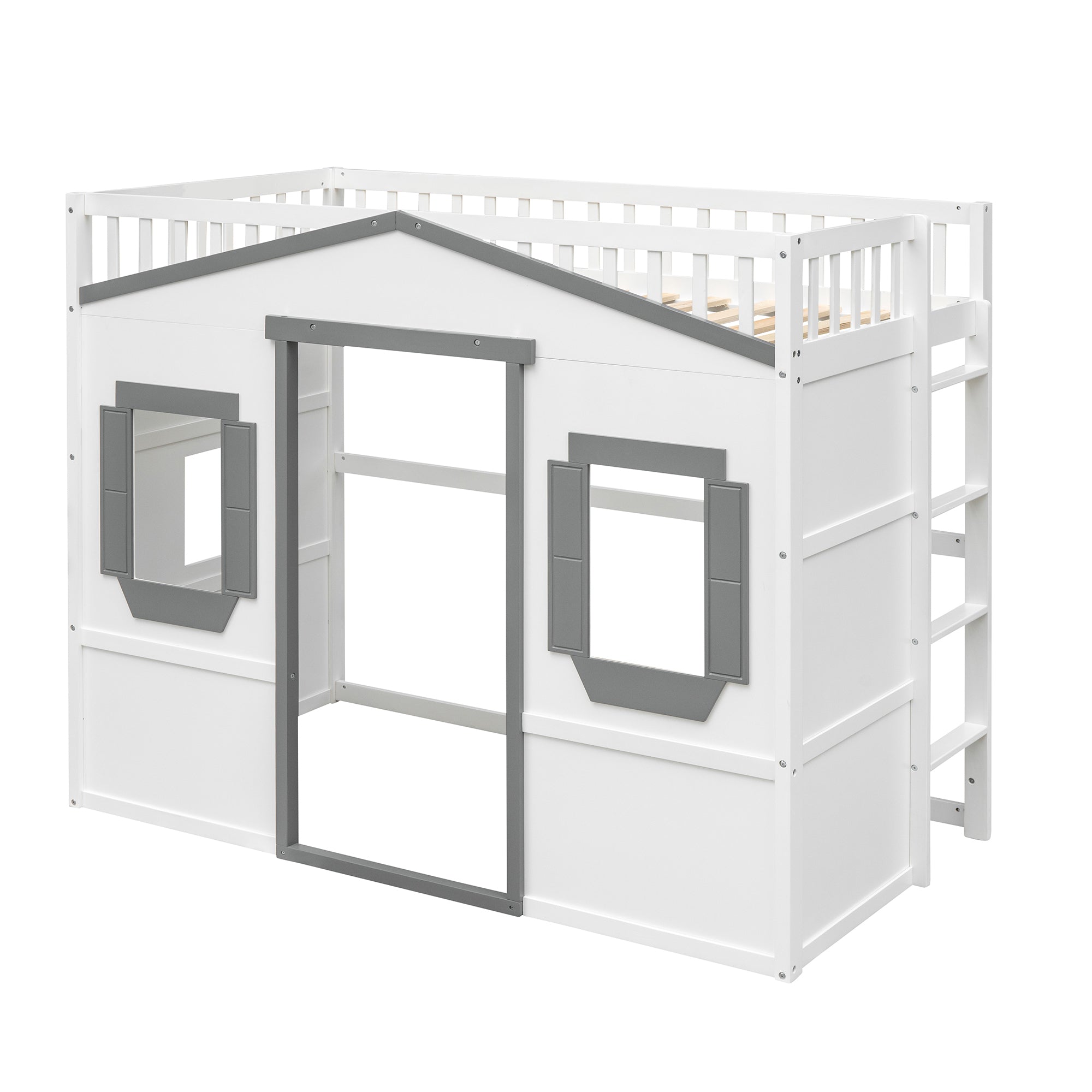 Twin Size House Loft Bed With Ladder-White+Gray Frame