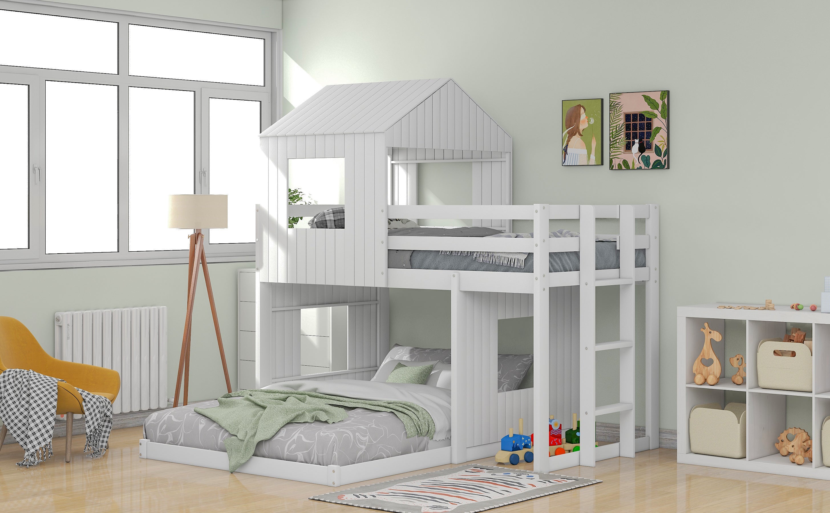 Wooden Twin Over Full Bunk Bed, Loft Bed with Playhouse, Farmhouse, Ladder and Guardrails, White( old sku: LT000027AAK )