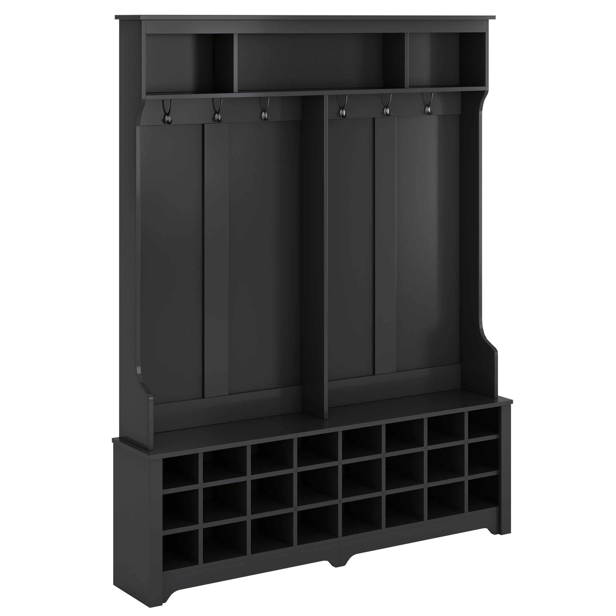 ON-TREND Modern Style Multiple Functions Hallway Coat Rack with Metal Black Hooks, Entryway Bench 60" Wide Hall Tree with Ample Storage Space and 24 Shoe Cubbies , Black (OLD SKU: WF286983AAB )